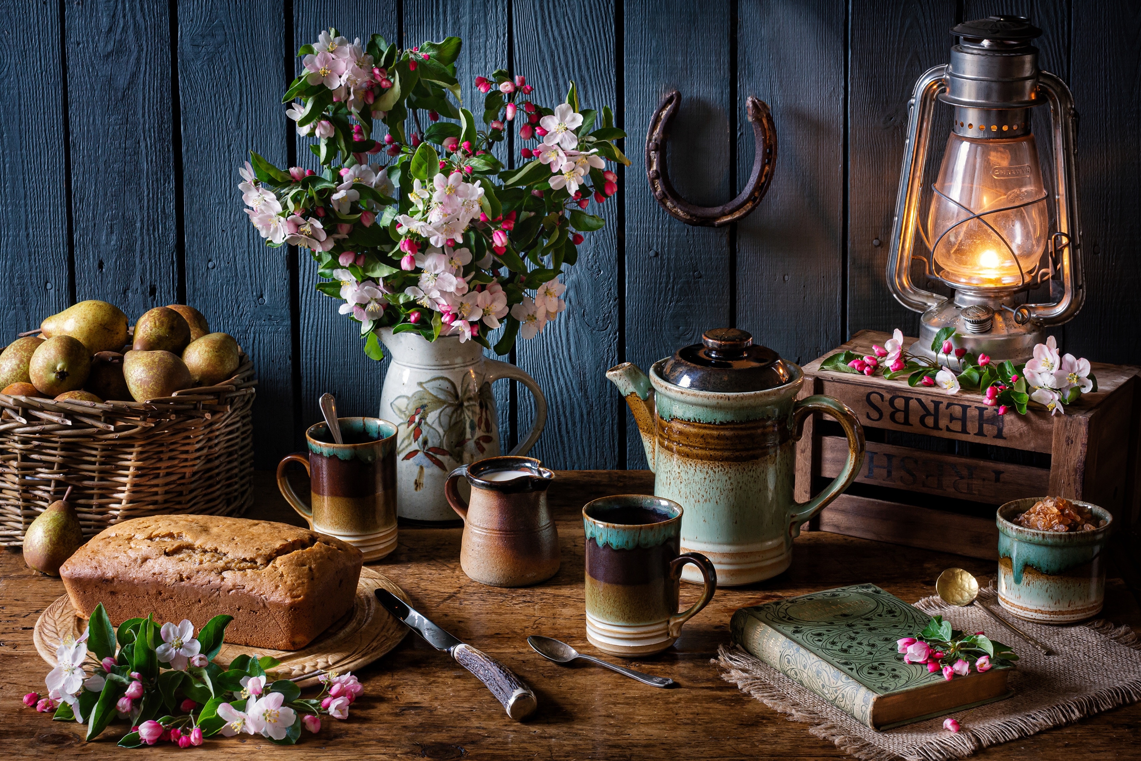 Still-life with Kerosene lamp, Pears, Pie, Knife, Vase, Wicker basket, Mug, Book HD Wallpaper