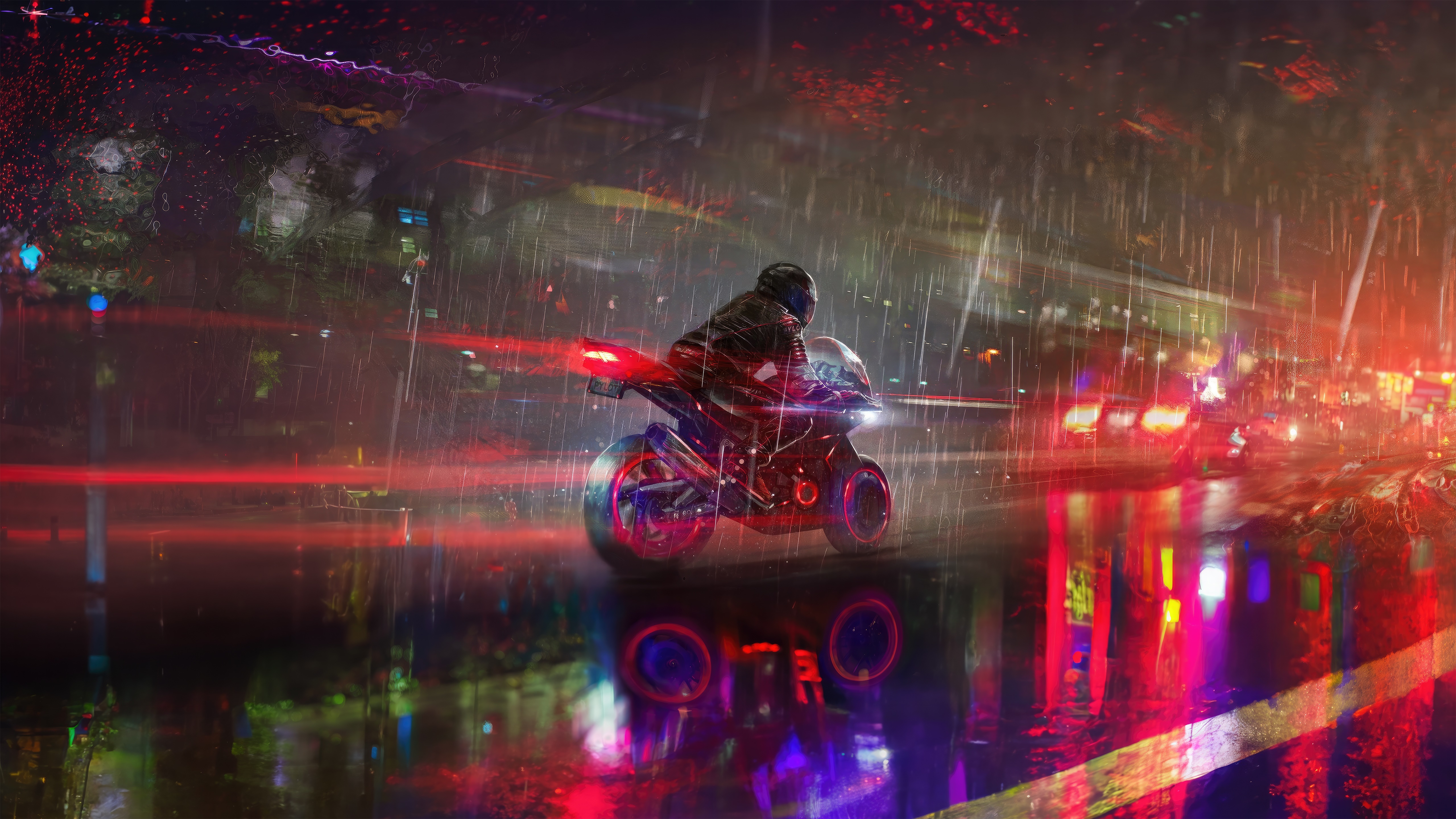 Biker riding a motorcycle in the rain at night HD Wallpaper