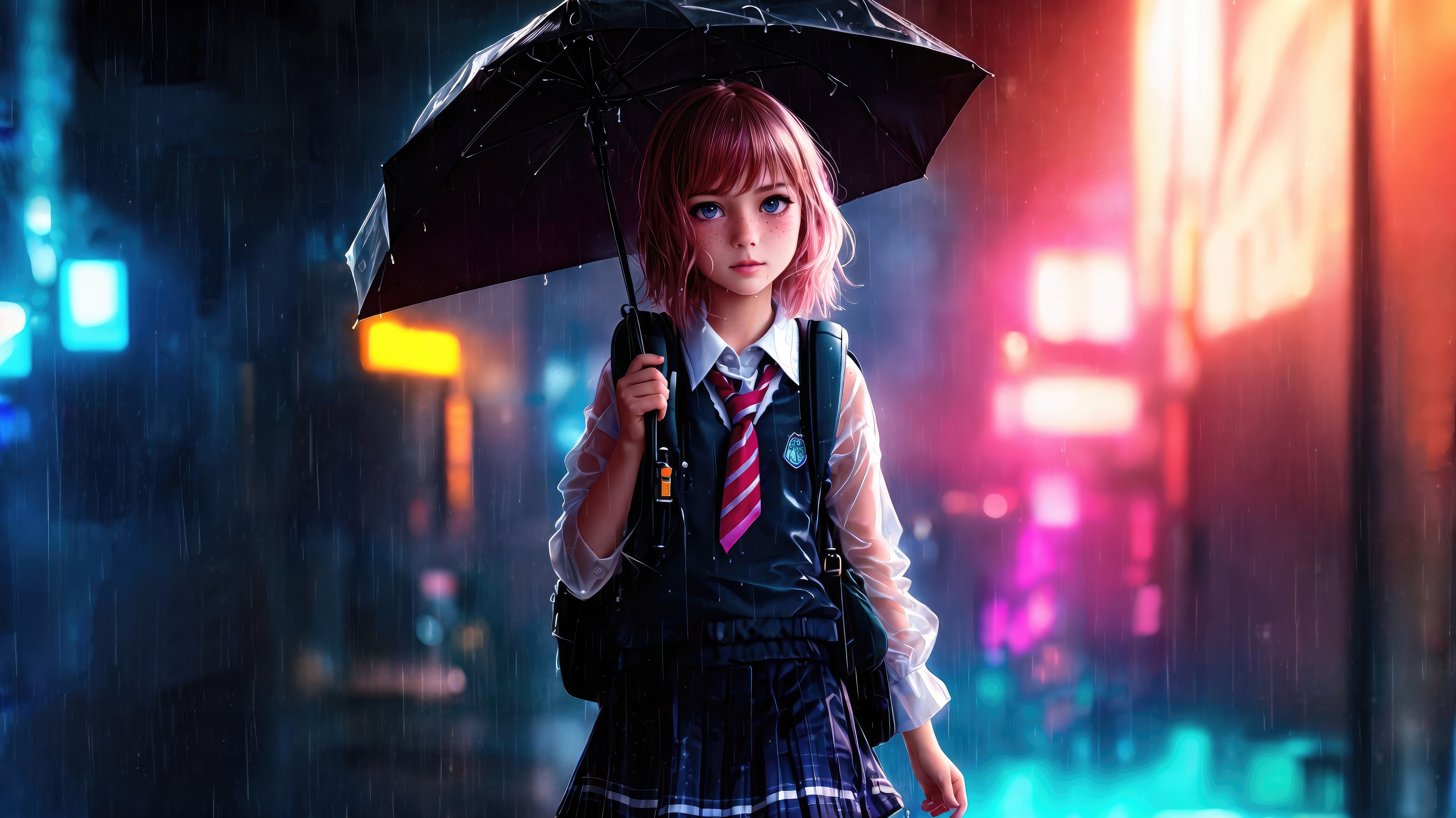 Anime girl with umbrella in the rain at night HD Wallpaper