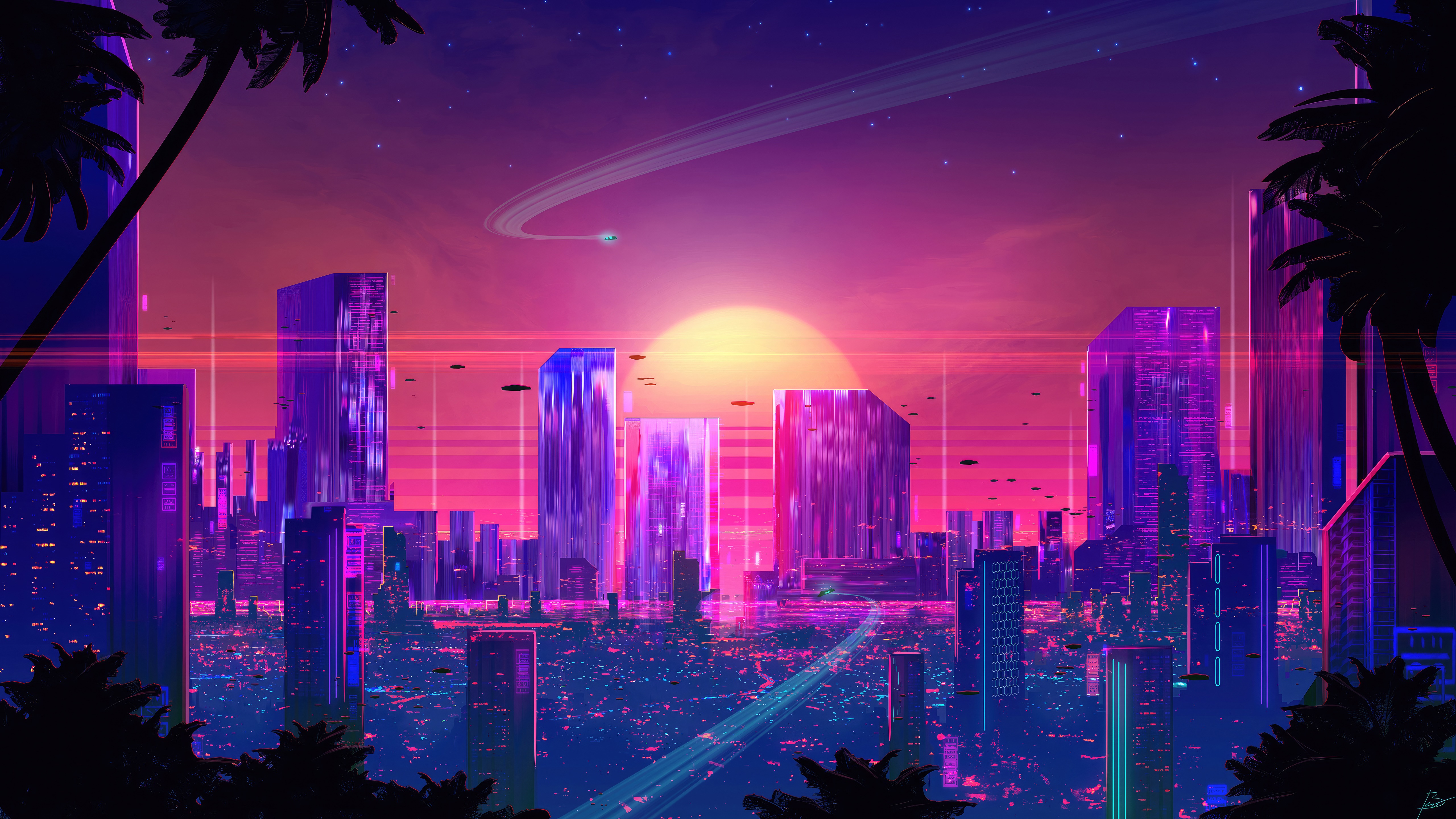 Synthwave cityscape with futuristic skyscrapers at sunset HD Wallpaper