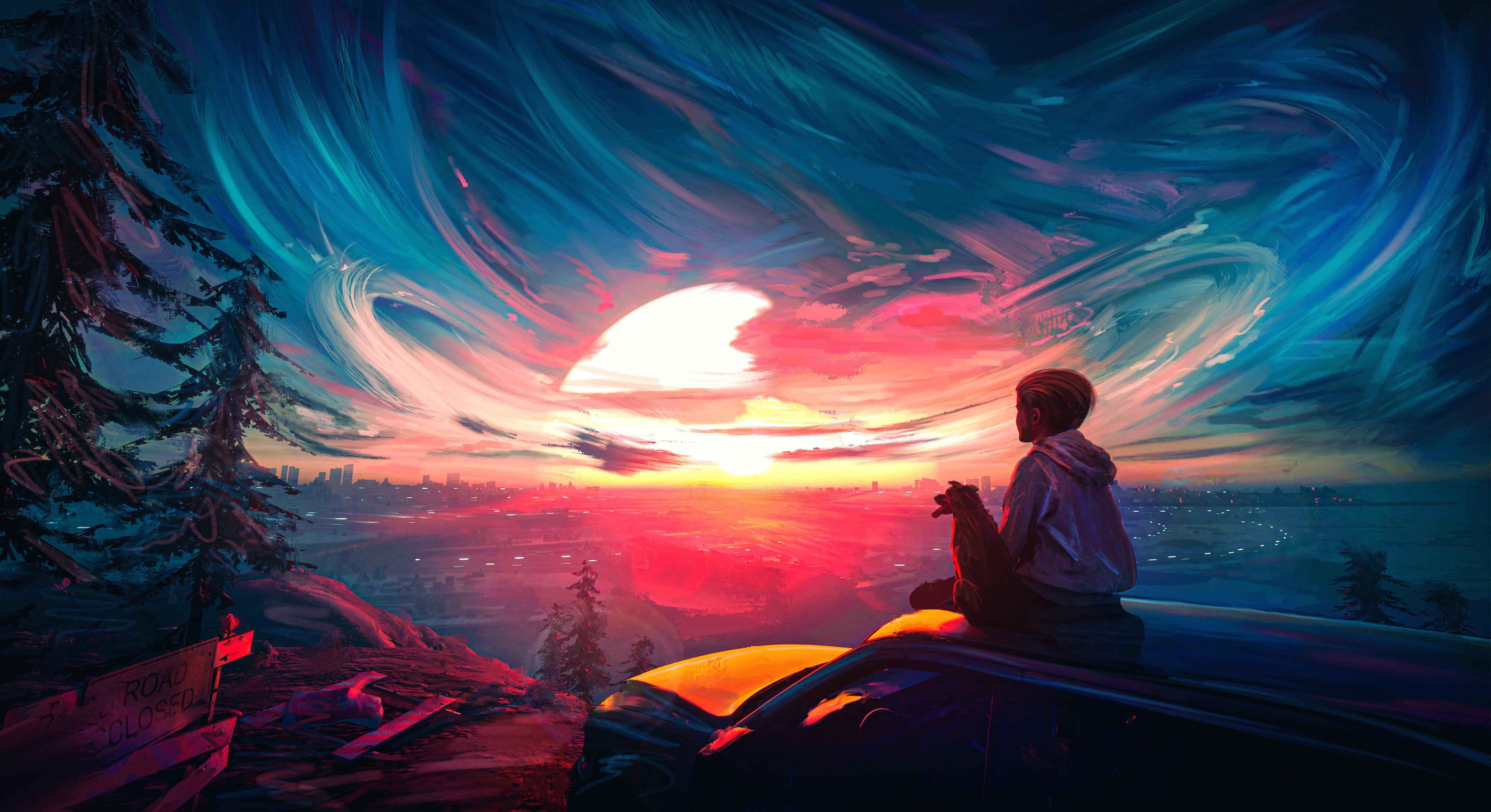 Person watching a colorful sunset over a city HD Wallpaper