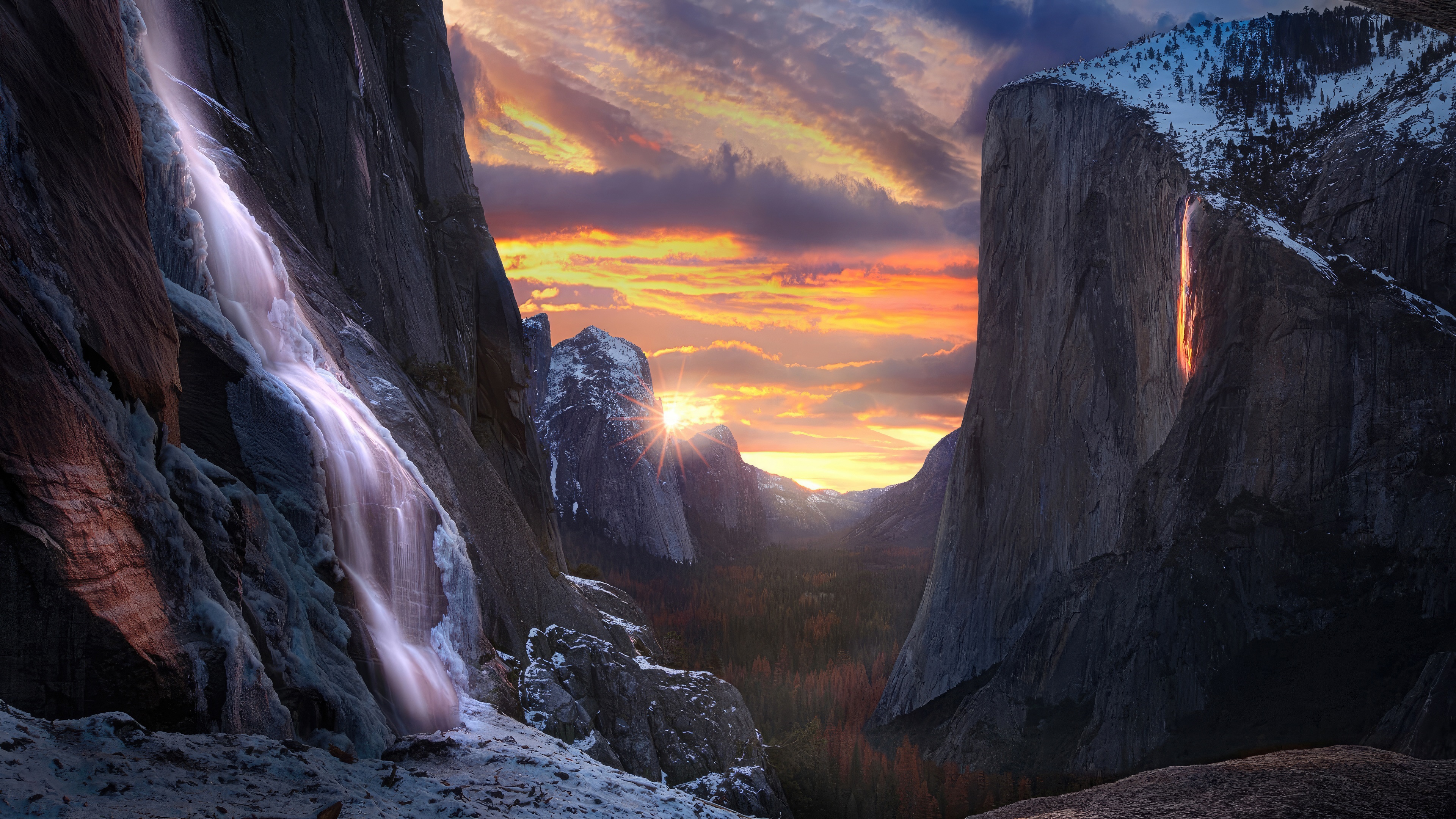 Yosemite National Park Waterfall at Sunset 4K HD Wallpaper