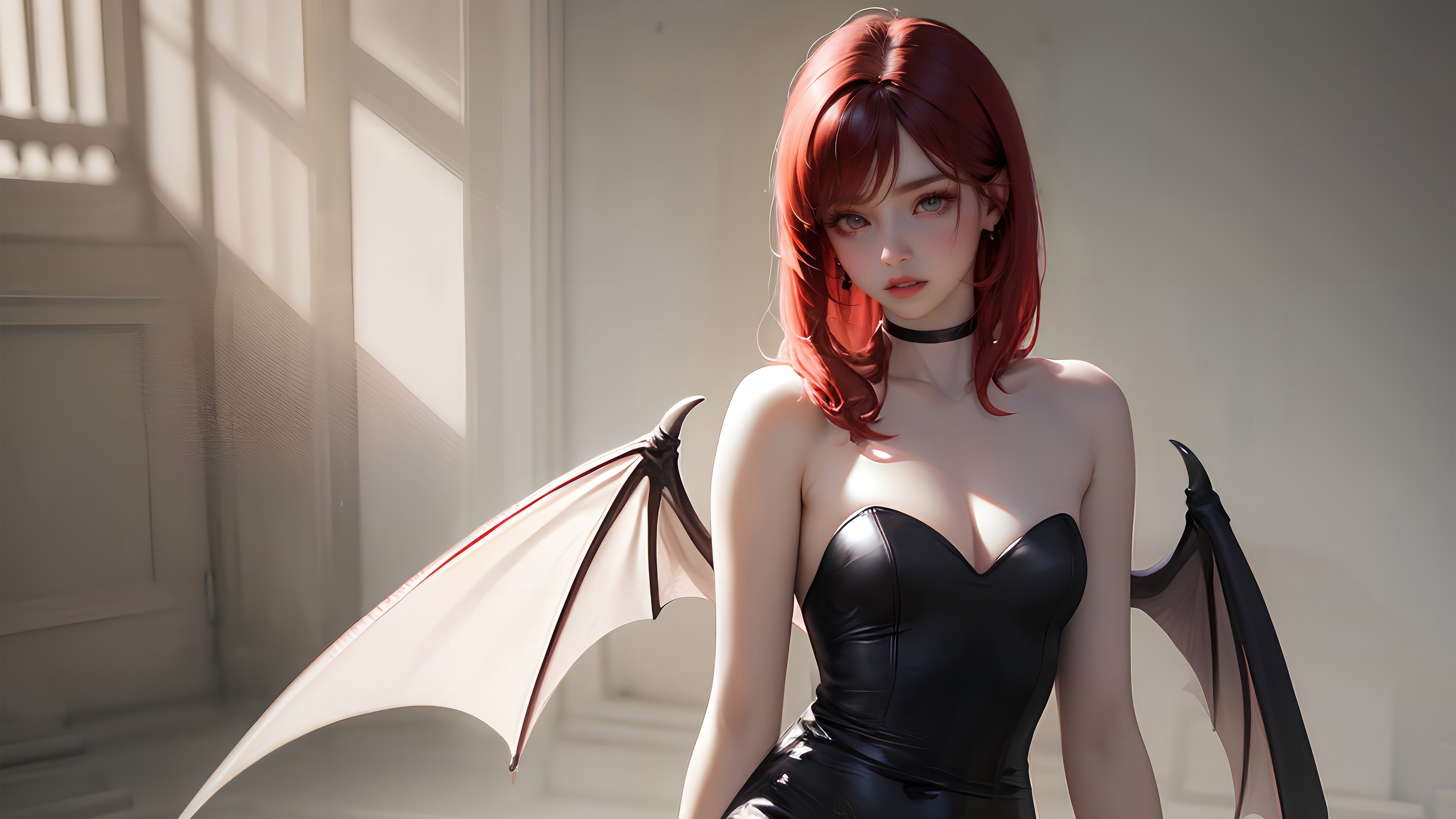 Fantasy girl with red hair and bat wings HD Wallpaper