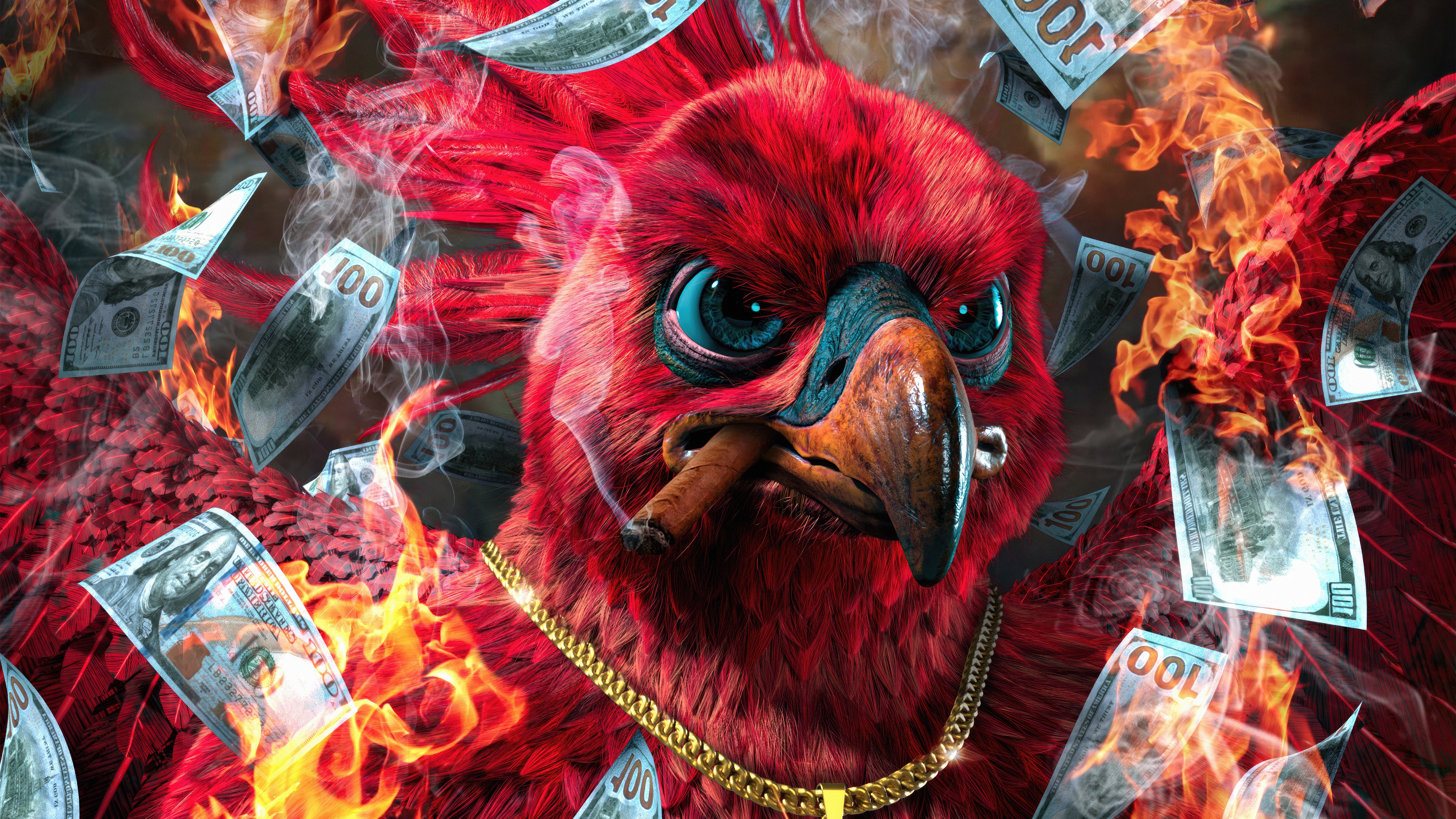 Phoenix with cigar and gold chain surrounded by money and fire HD Wallpaper