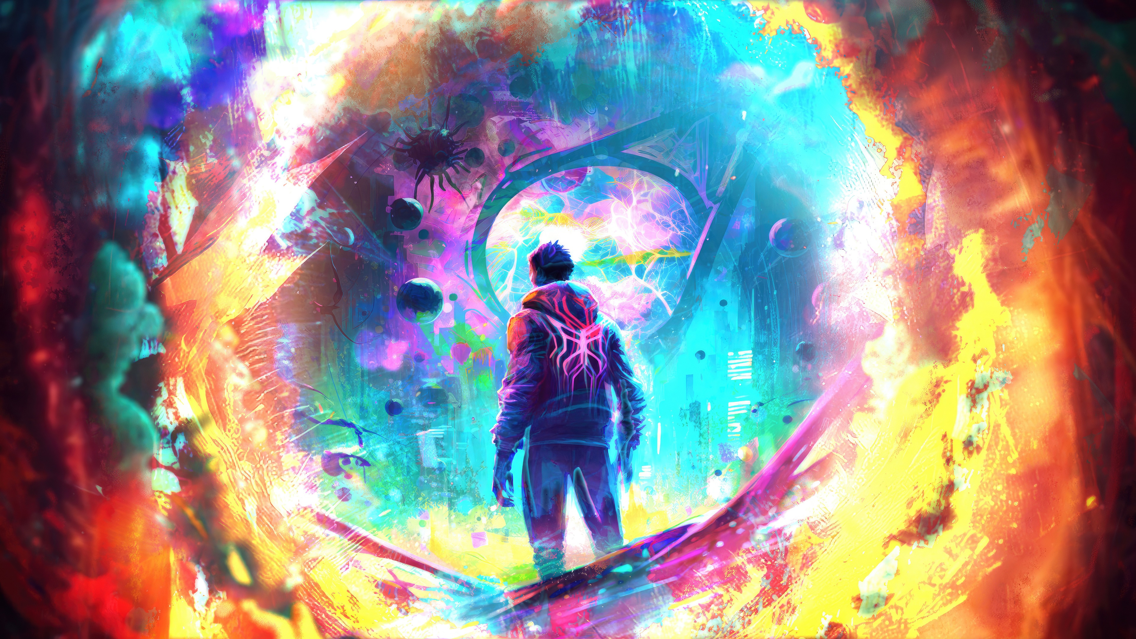 Spiderman in a colorful portal, digital art HD Wallpaper