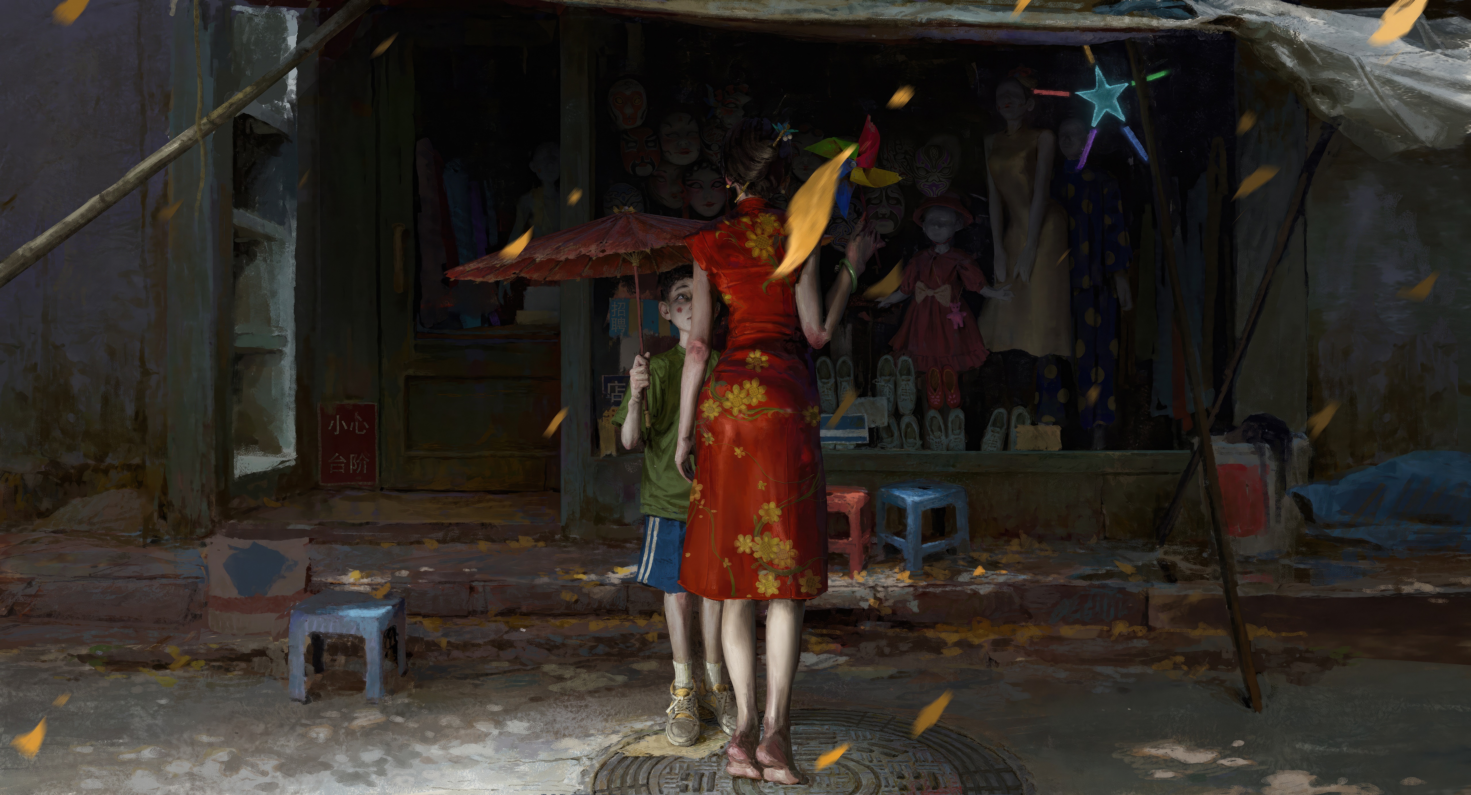 Digital art of a woman and child in front of a shop HD Wallpaper