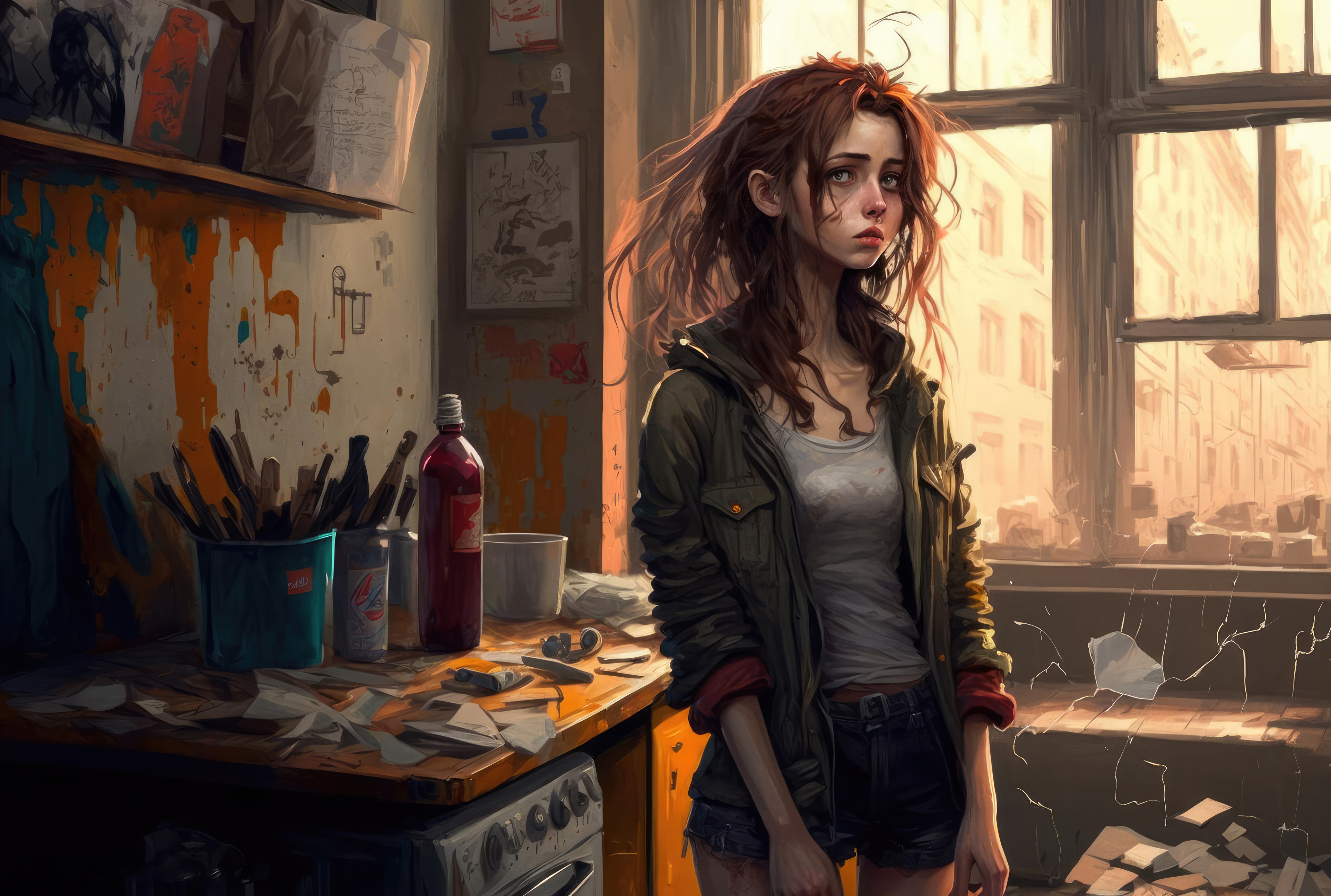 Artist's studio with a young woman HD Wallpaper