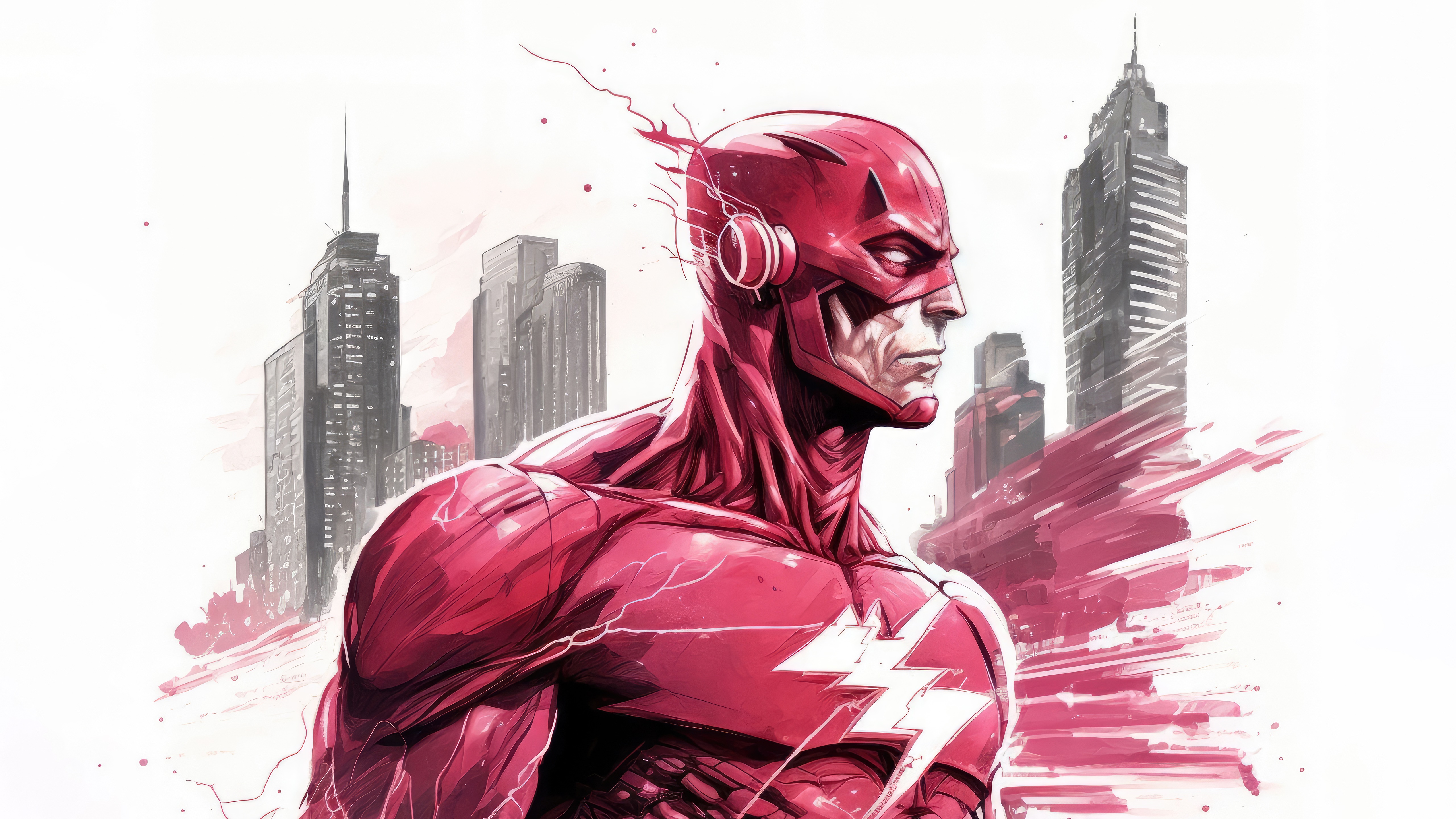The Flash in front of city skyscrapers HD Wallpaper
