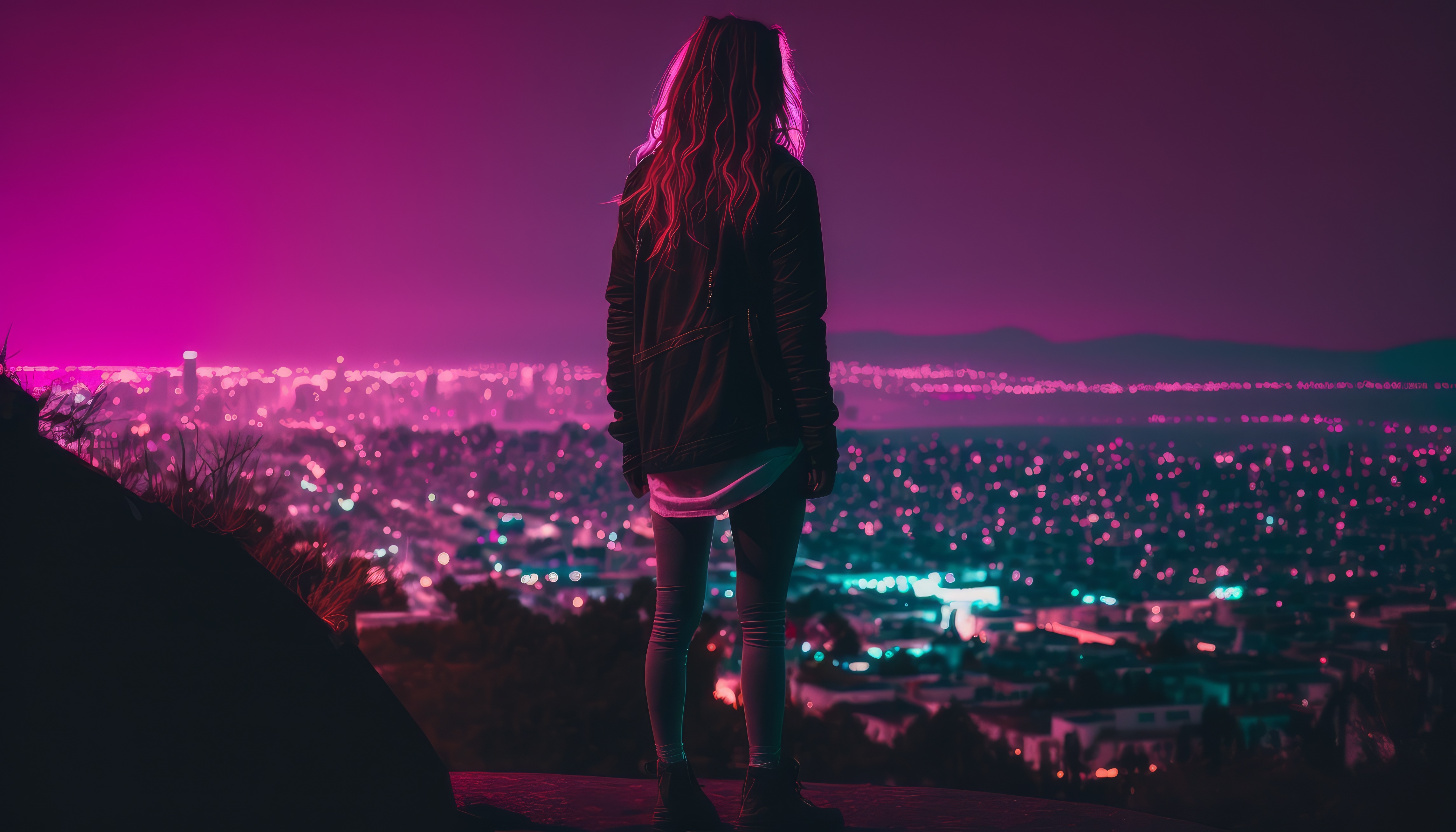 Woman overlooking a neon city at night HD Wallpaper