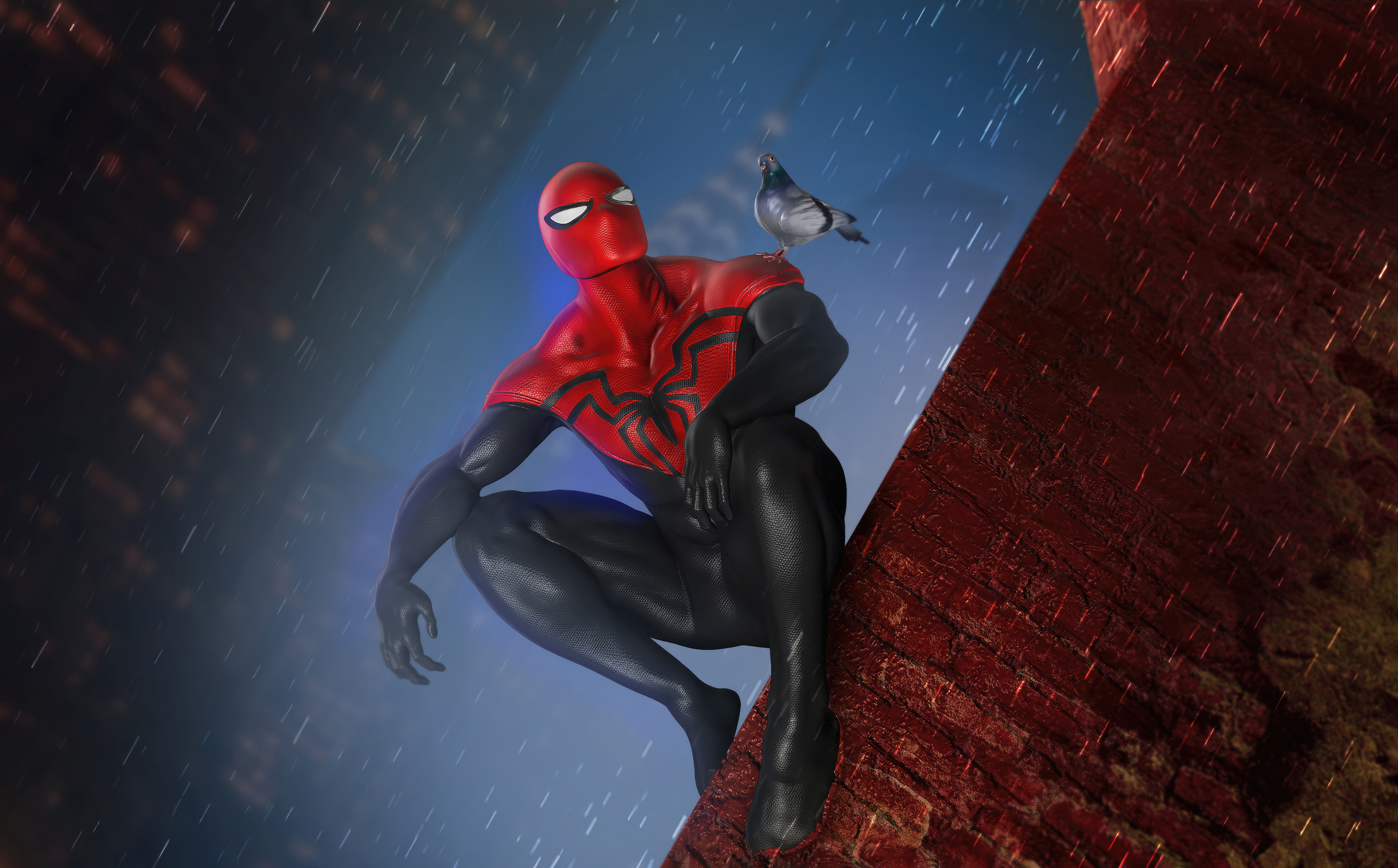 Spider-Man with a Pigeon on Shoulder HD Wallpaper