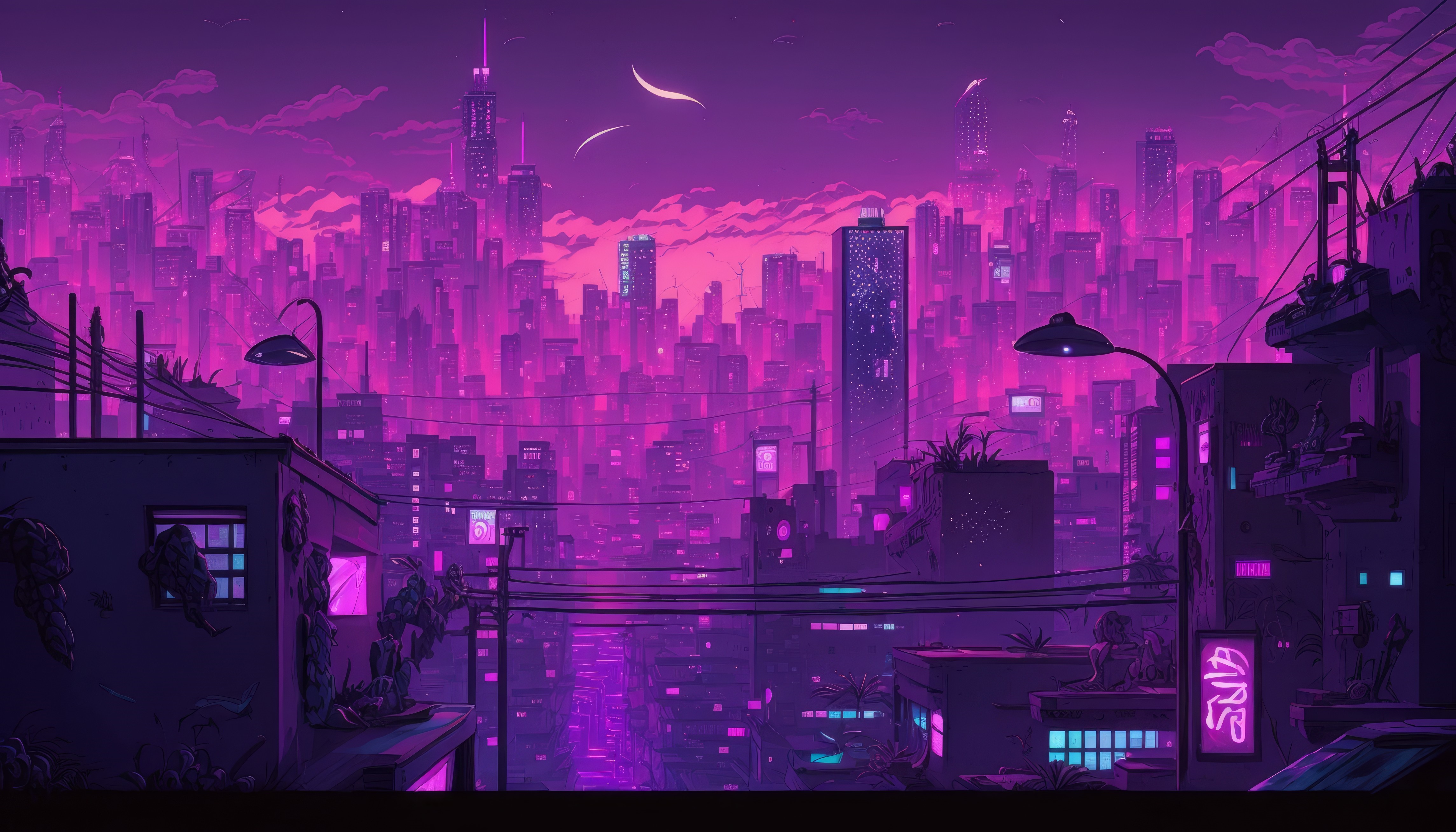Cyberpunk Cityscape with Pink and Purple Hues HD Wallpaper