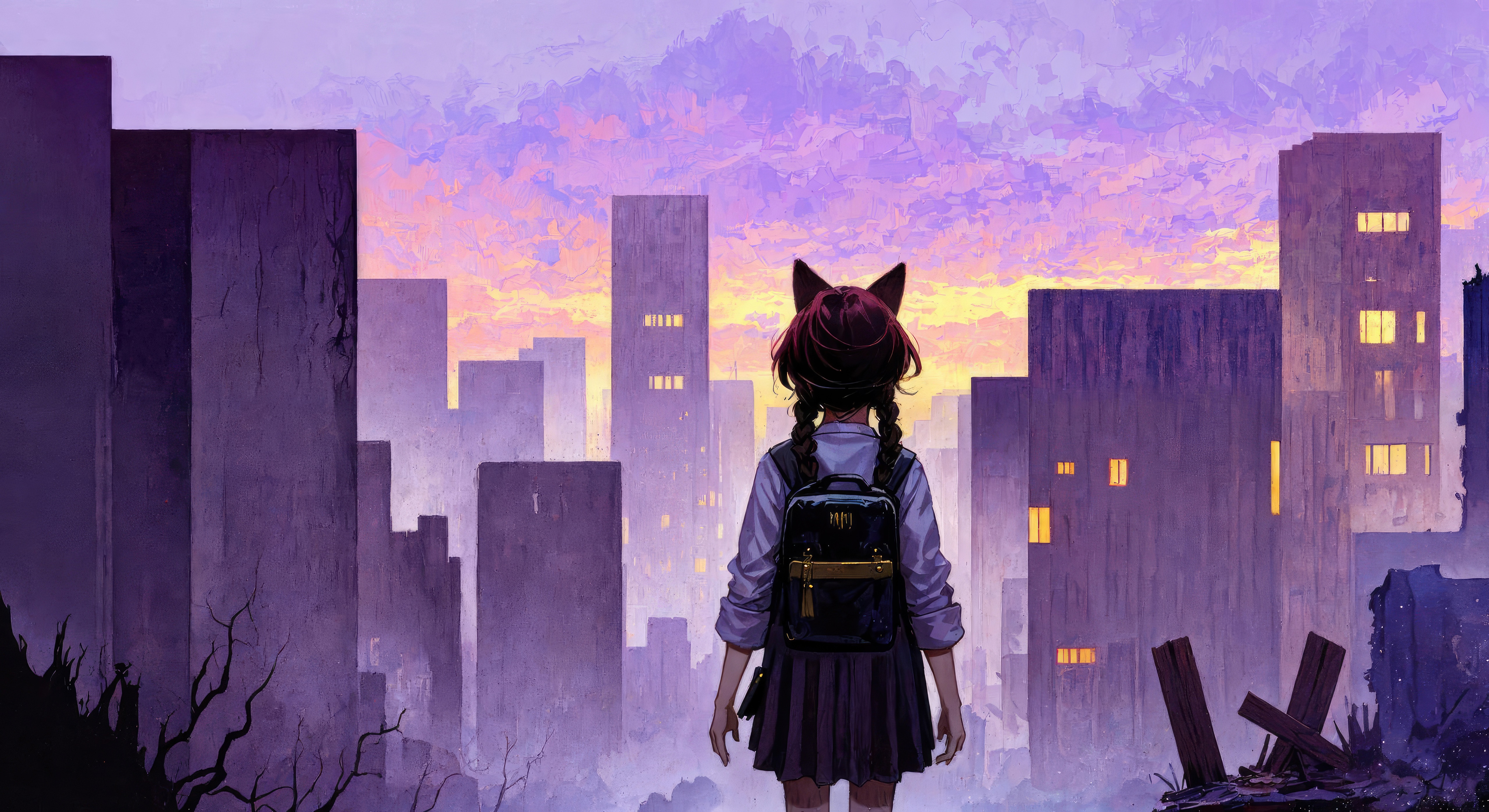 Anime girl with cat ears in a city at sunset HD Wallpaper