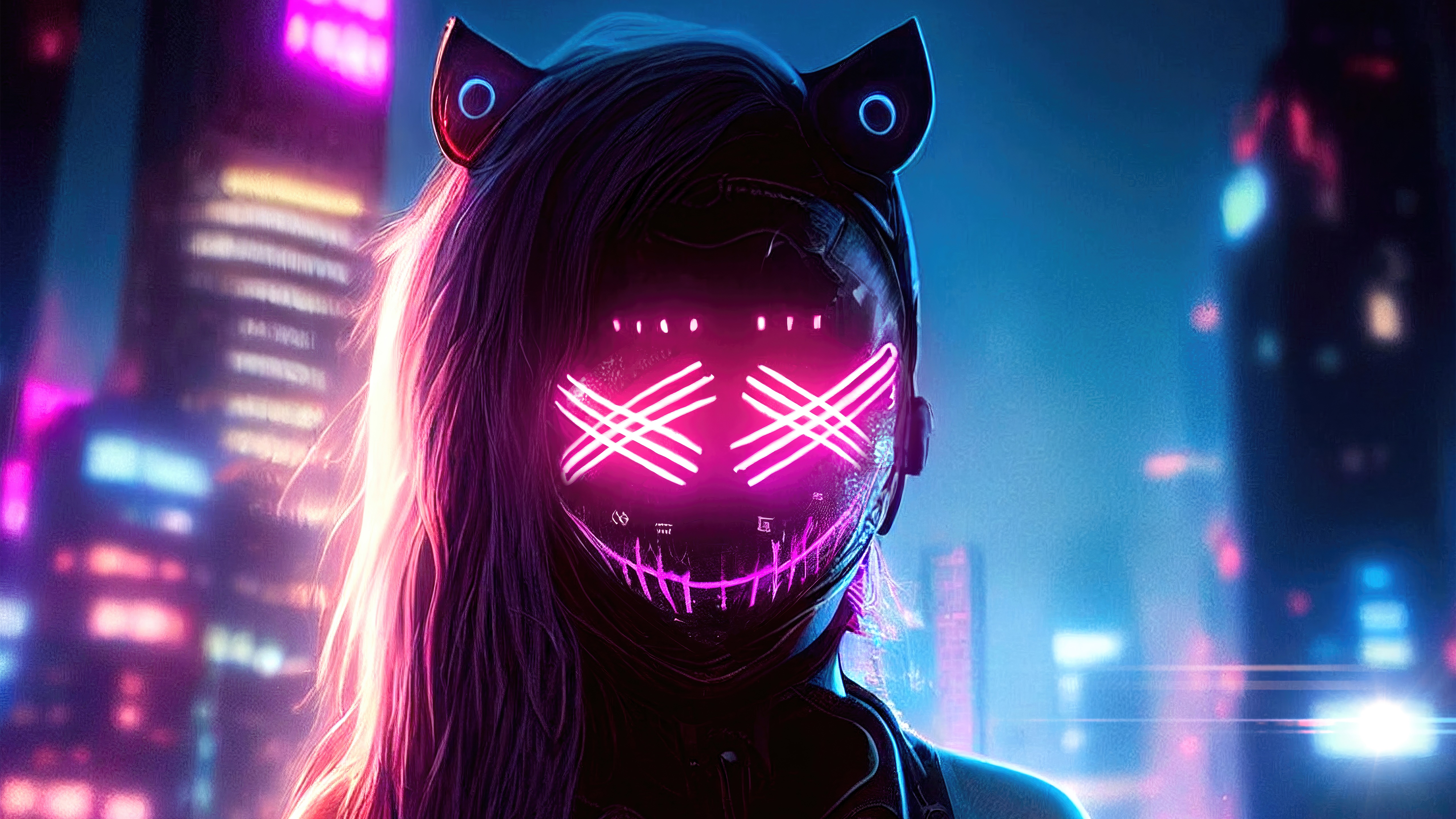 Sci-fi artwork of a person with a neon mask HD Wallpaper