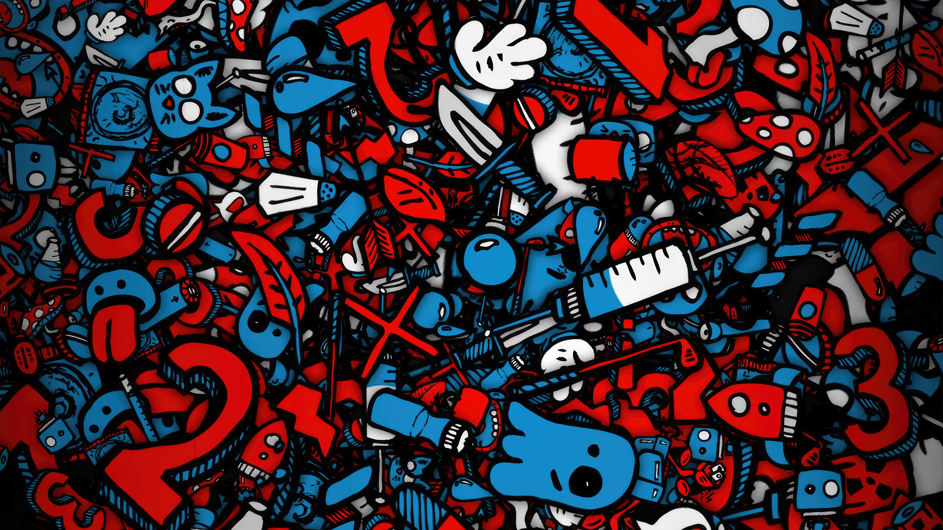 Abstract digital art with red and blue cartoon elements HD Wallpaper