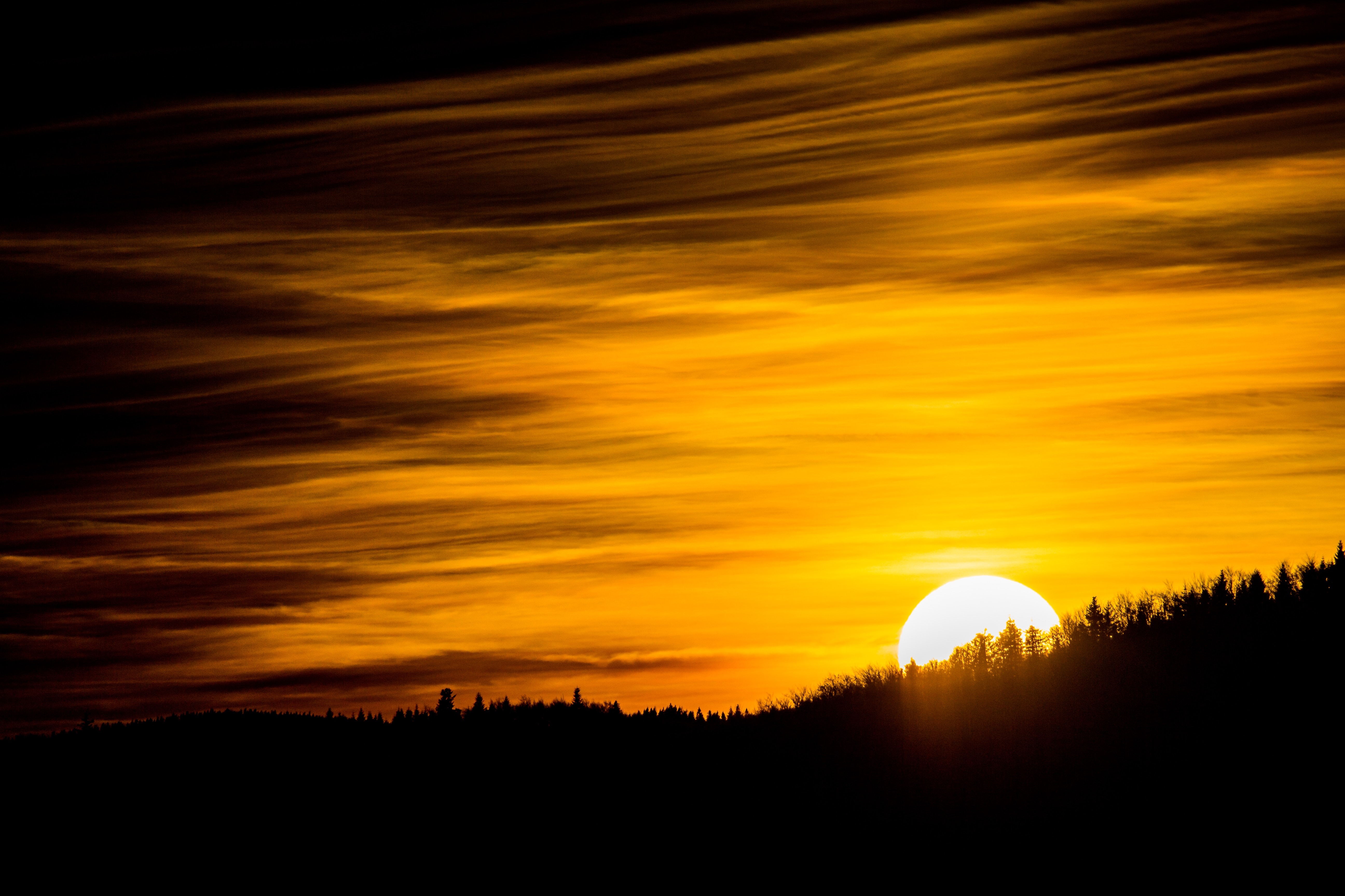 Sunset over silhouetted forest and mountains HD Wallpaper