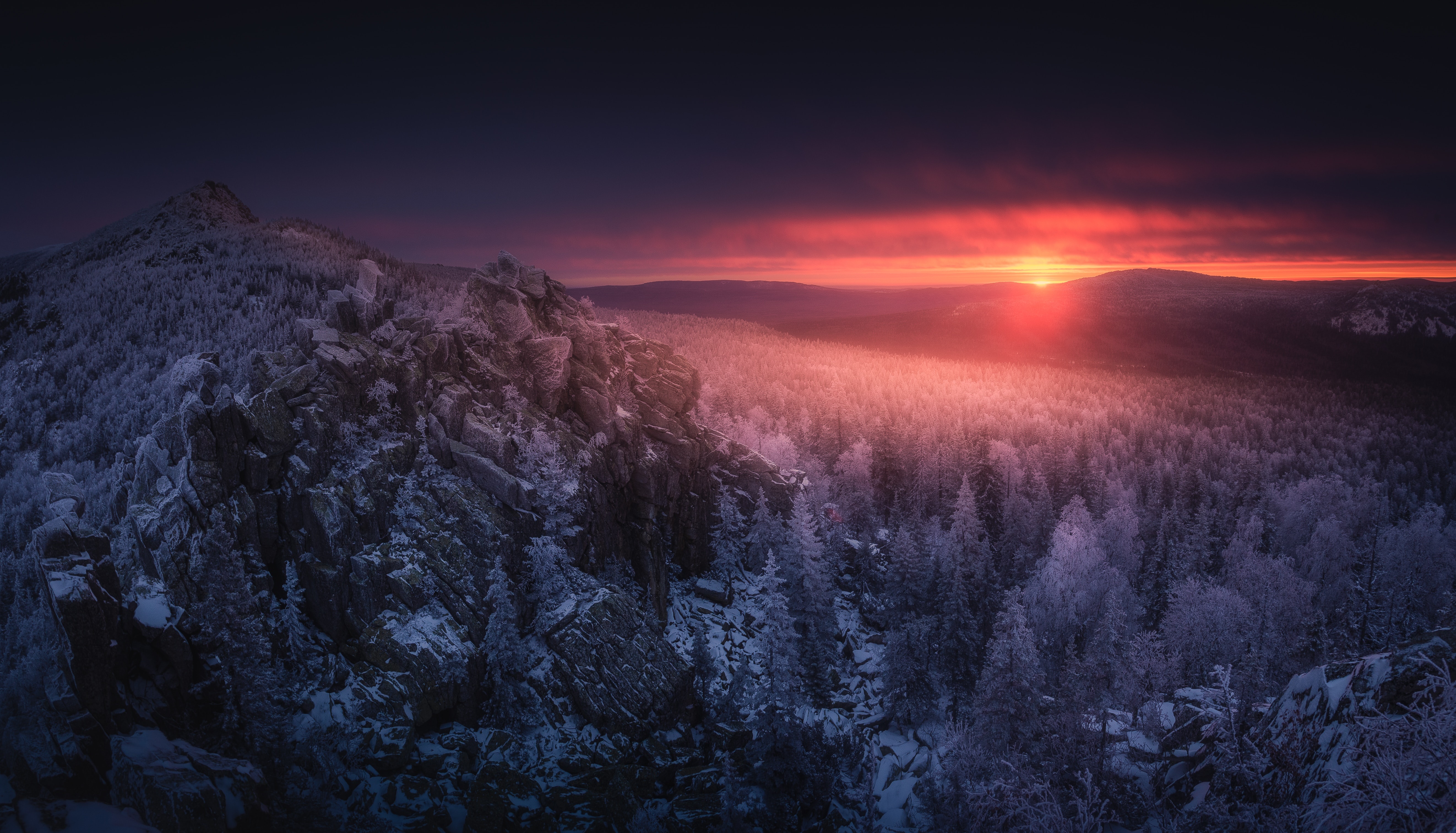Snowy mountains at sunset HD Wallpaper