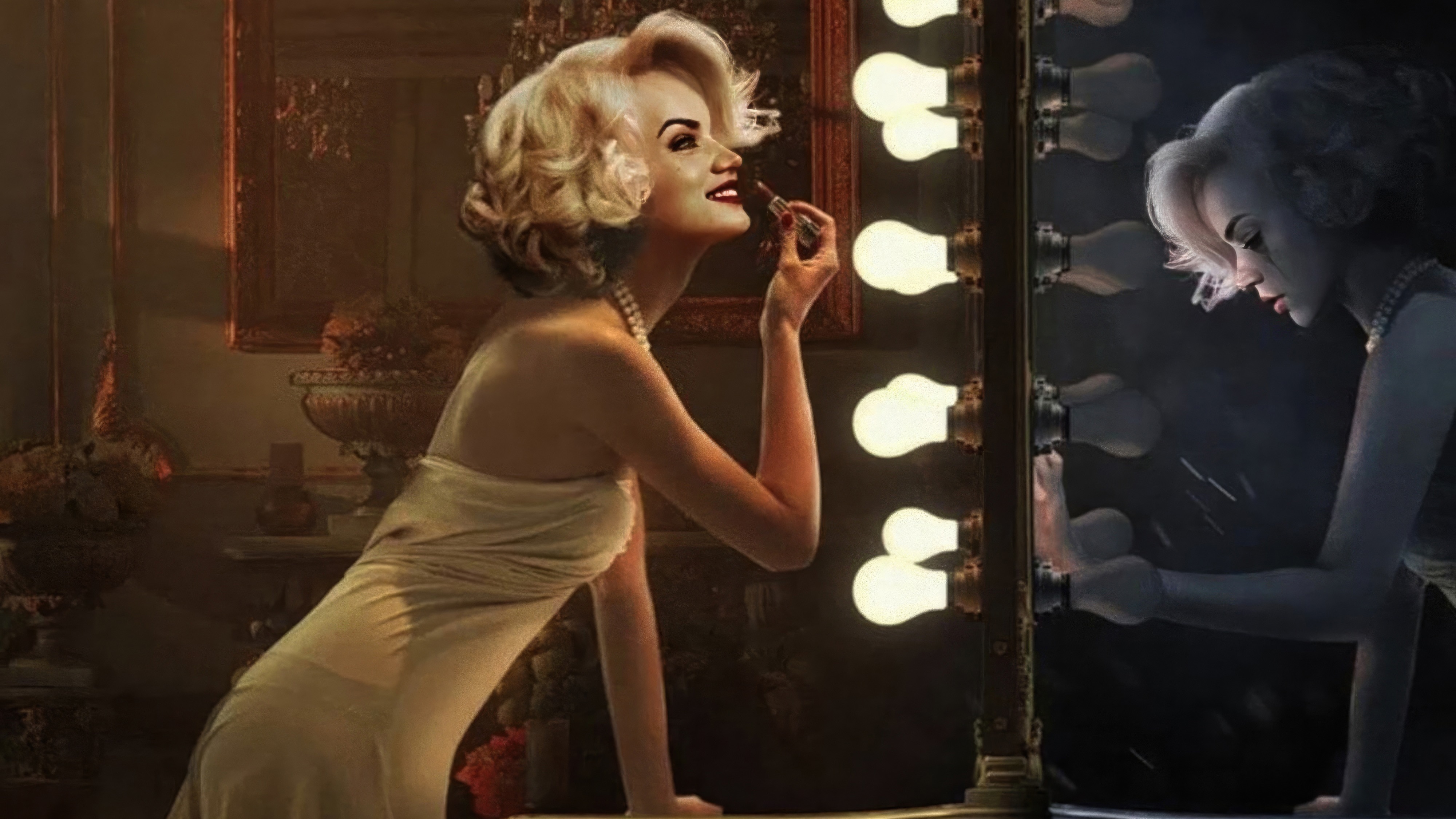 Marilyn Monroe applying makeup in dressing room HD Wallpaper