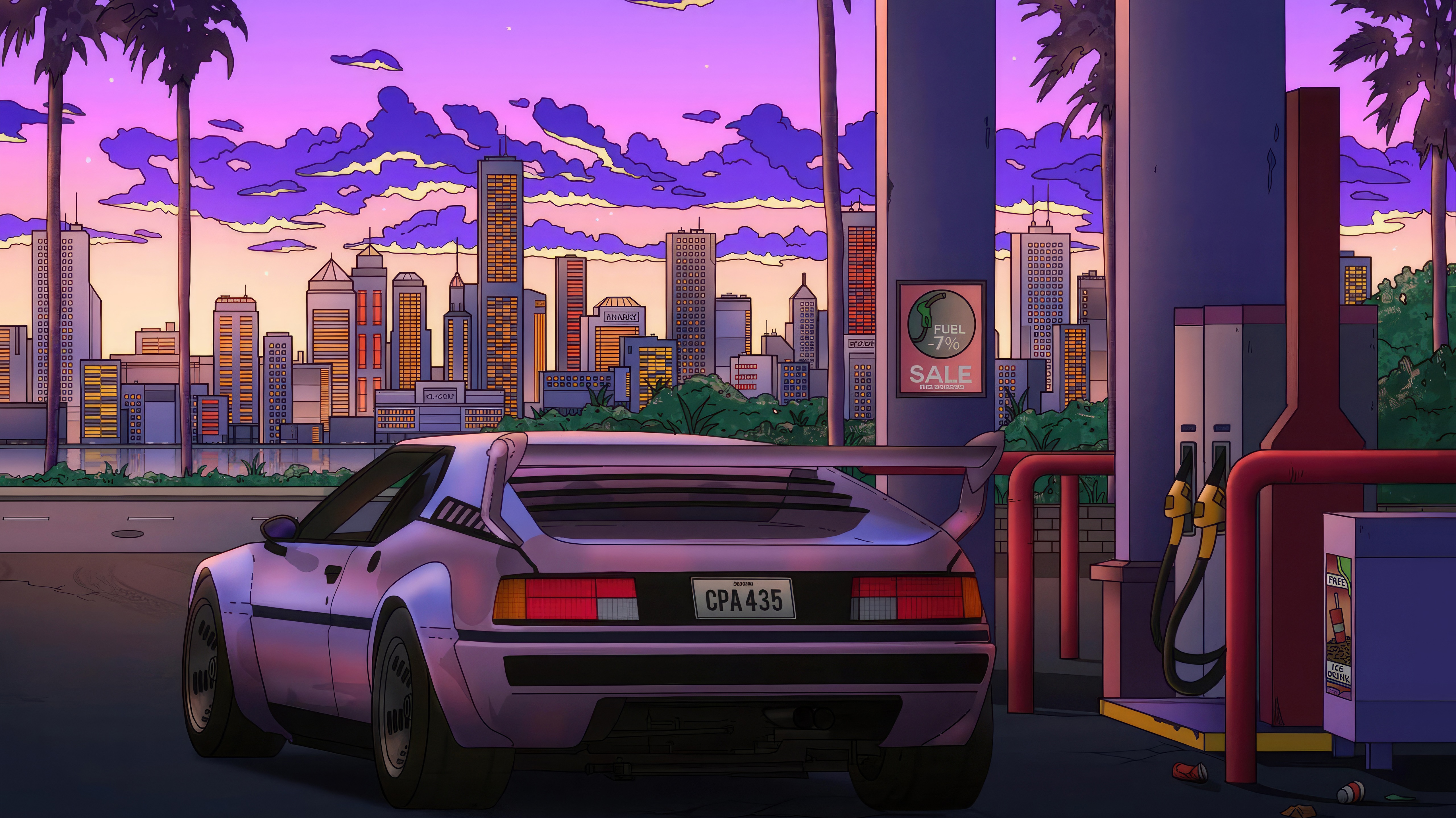 Retro synthwave artwork of a car at a gas station with city skyline HD Wallpaper
