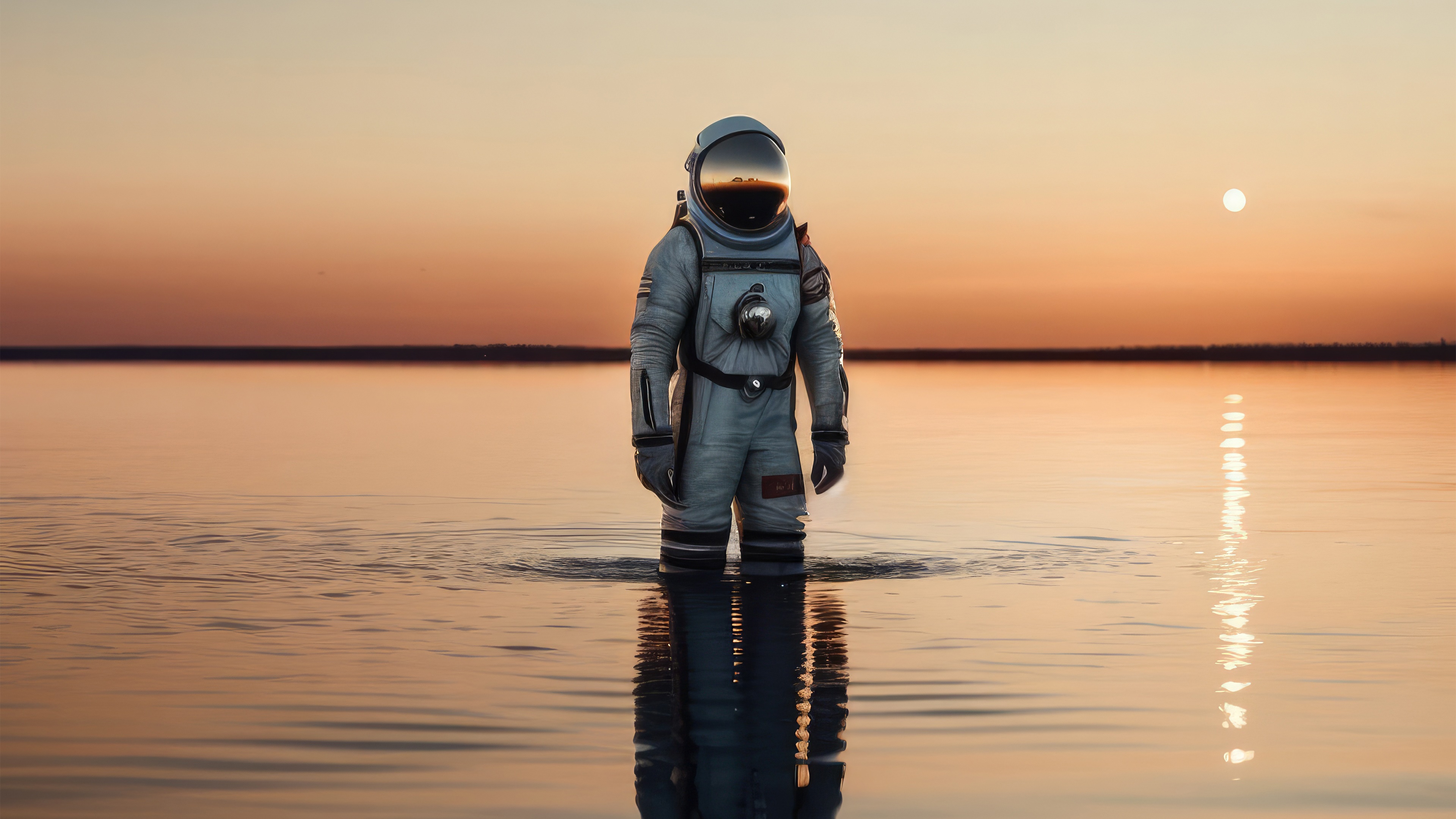 Astronaut standing in water at sunset 4K HD Wallpaper