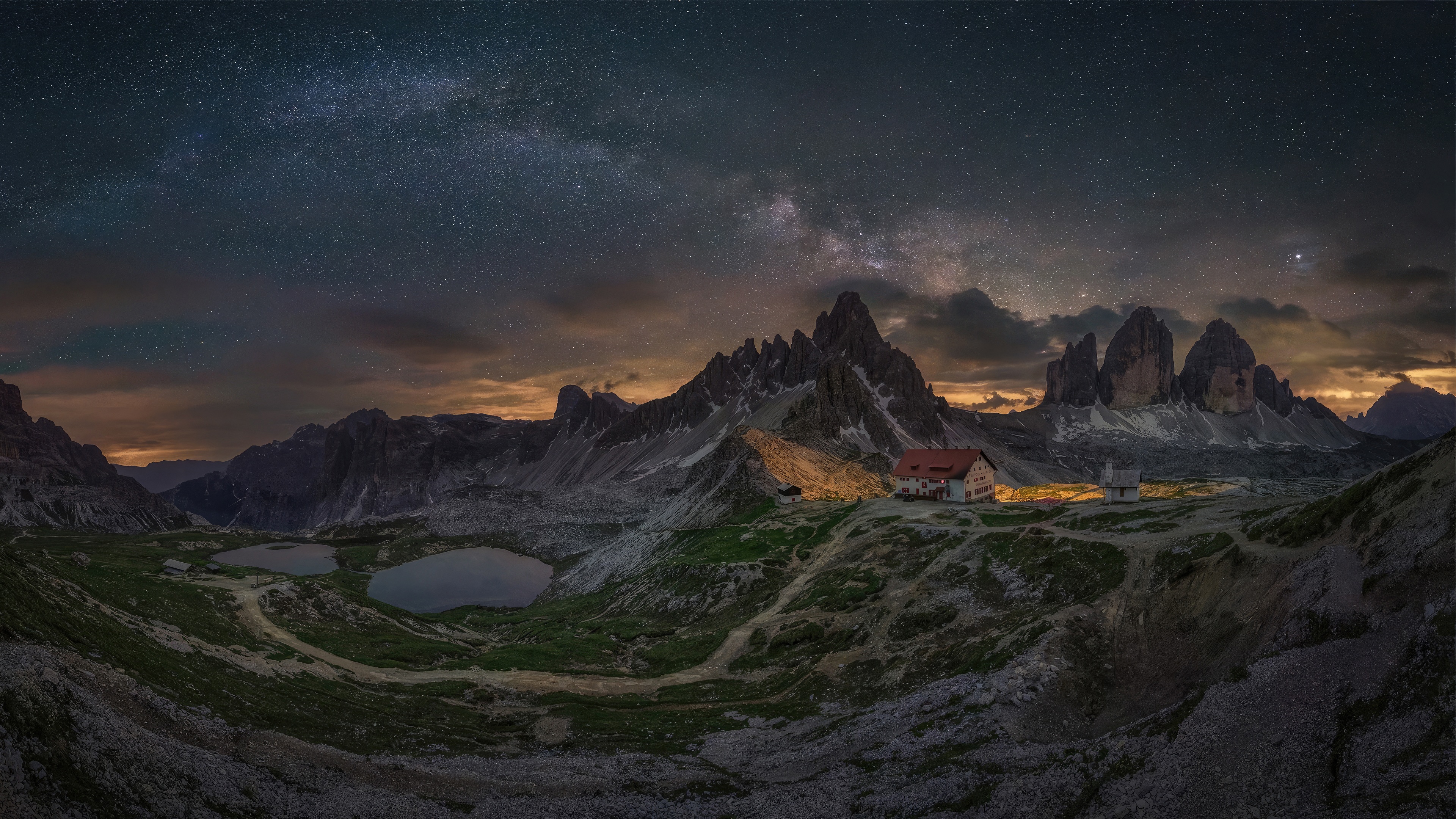 Milky Way over Tre Cime di Lavaredo huts HD Wallpaper