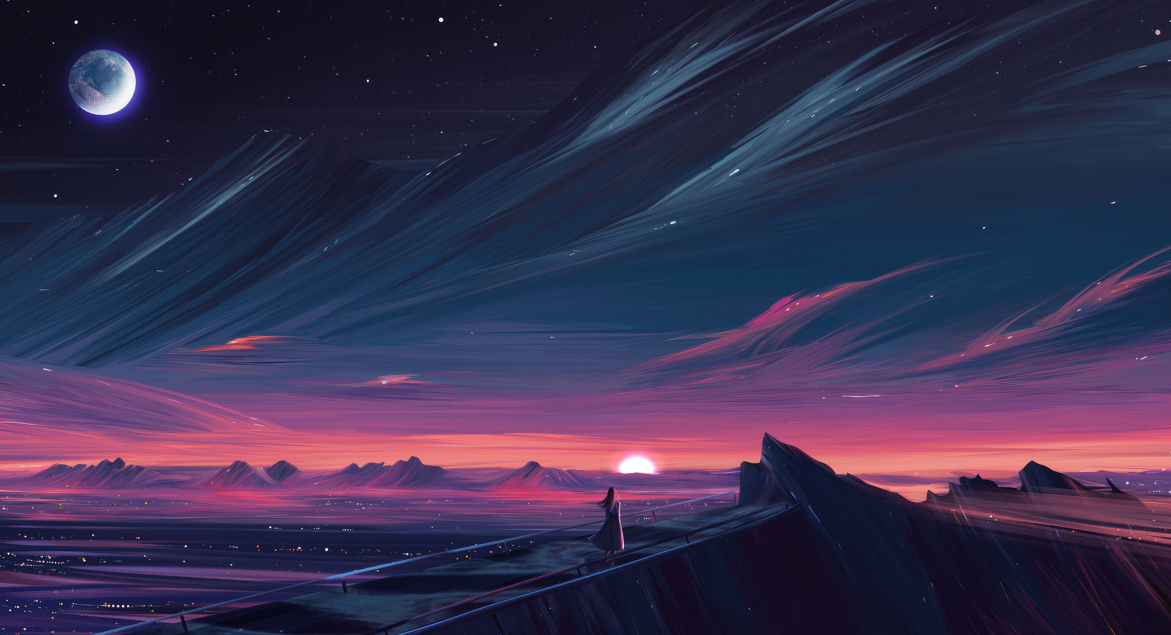 Digital art of a person on a cliff overlooking a sunset HD Wallpaper