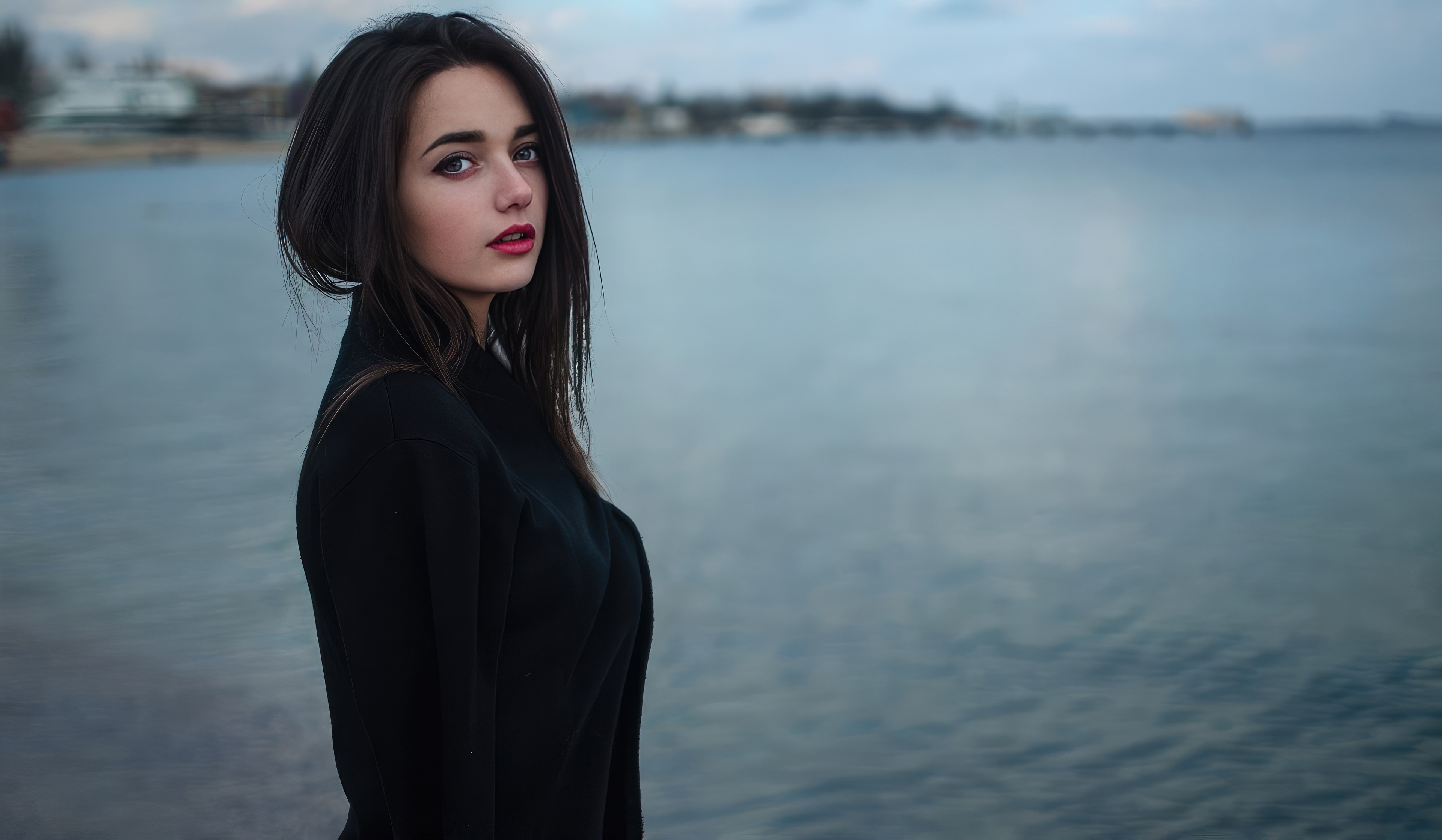 Girl in black dress by the water 4K HD Wallpaper