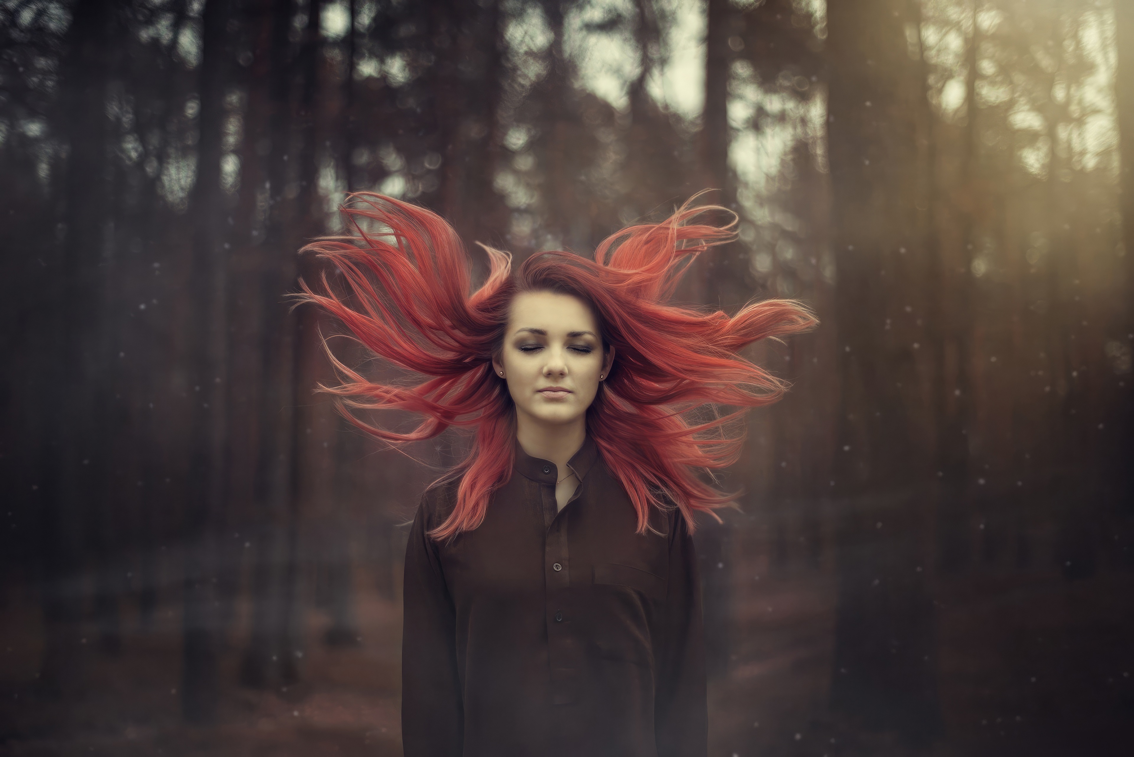 Girl with red hair in forest HD Wallpaper