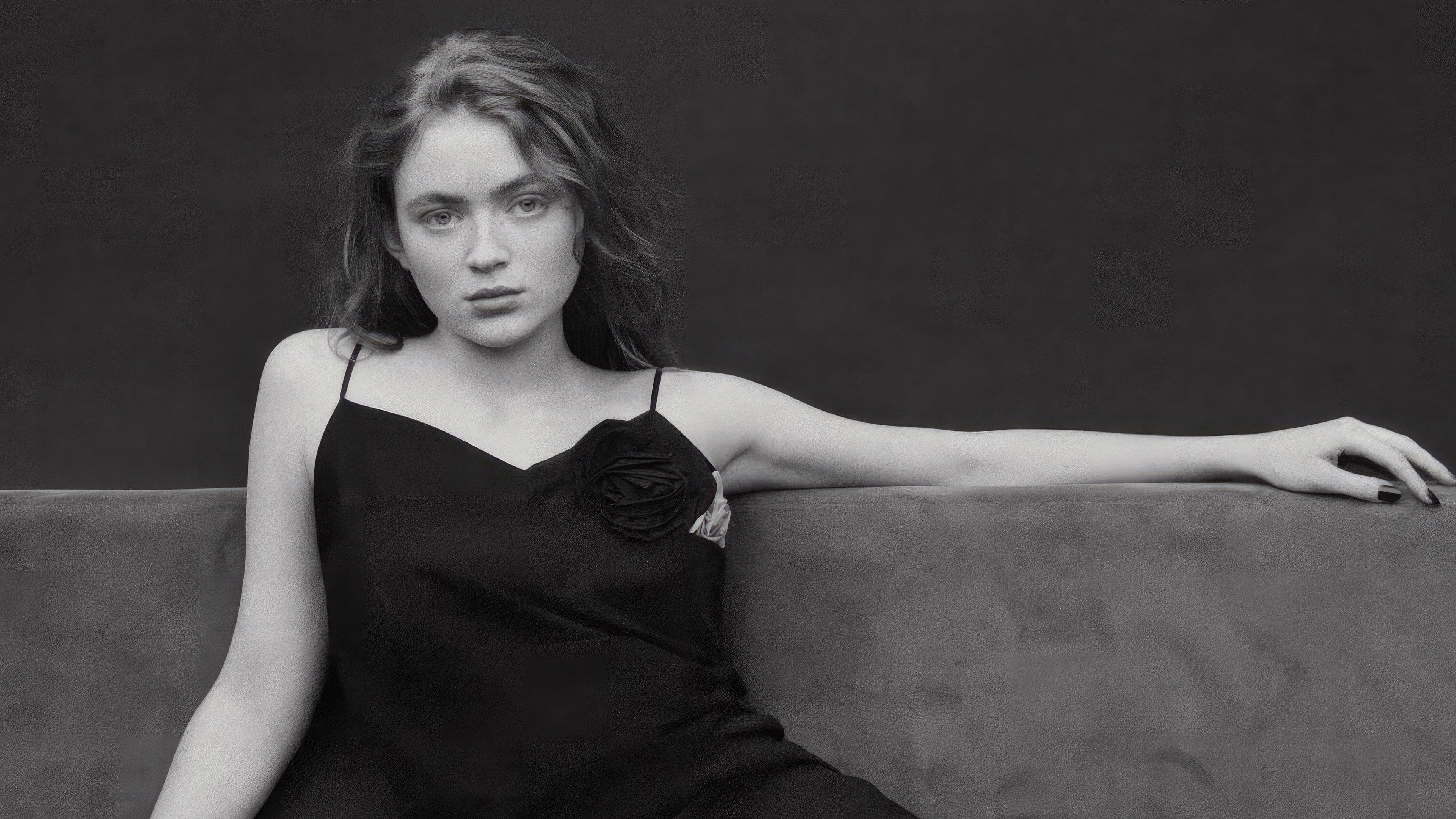 Sadie Sink in a black dress, monochrome photoshoot HD Wallpaper