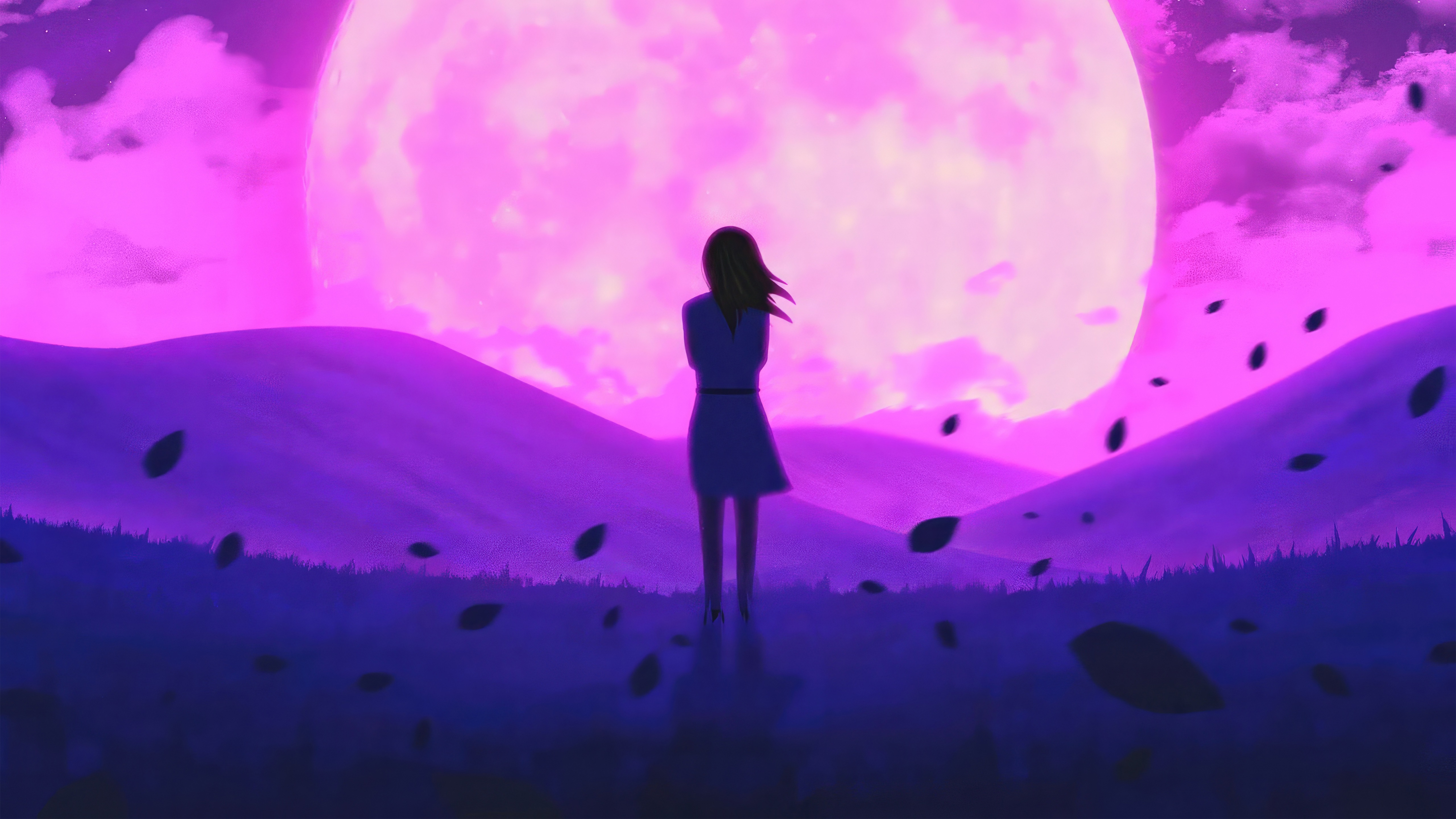 Girl standing in front of a large pink moon HD Wallpaper