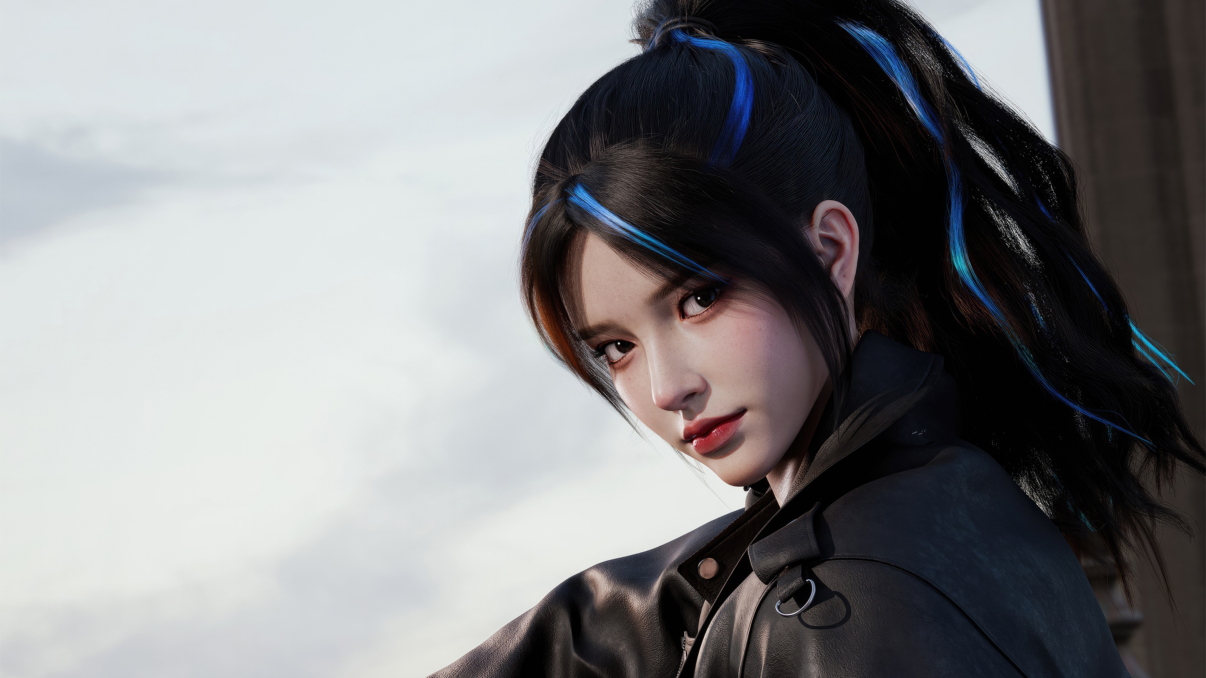 Digital Art of a Woman with Blue Streaks in Hair HD Wallpaper