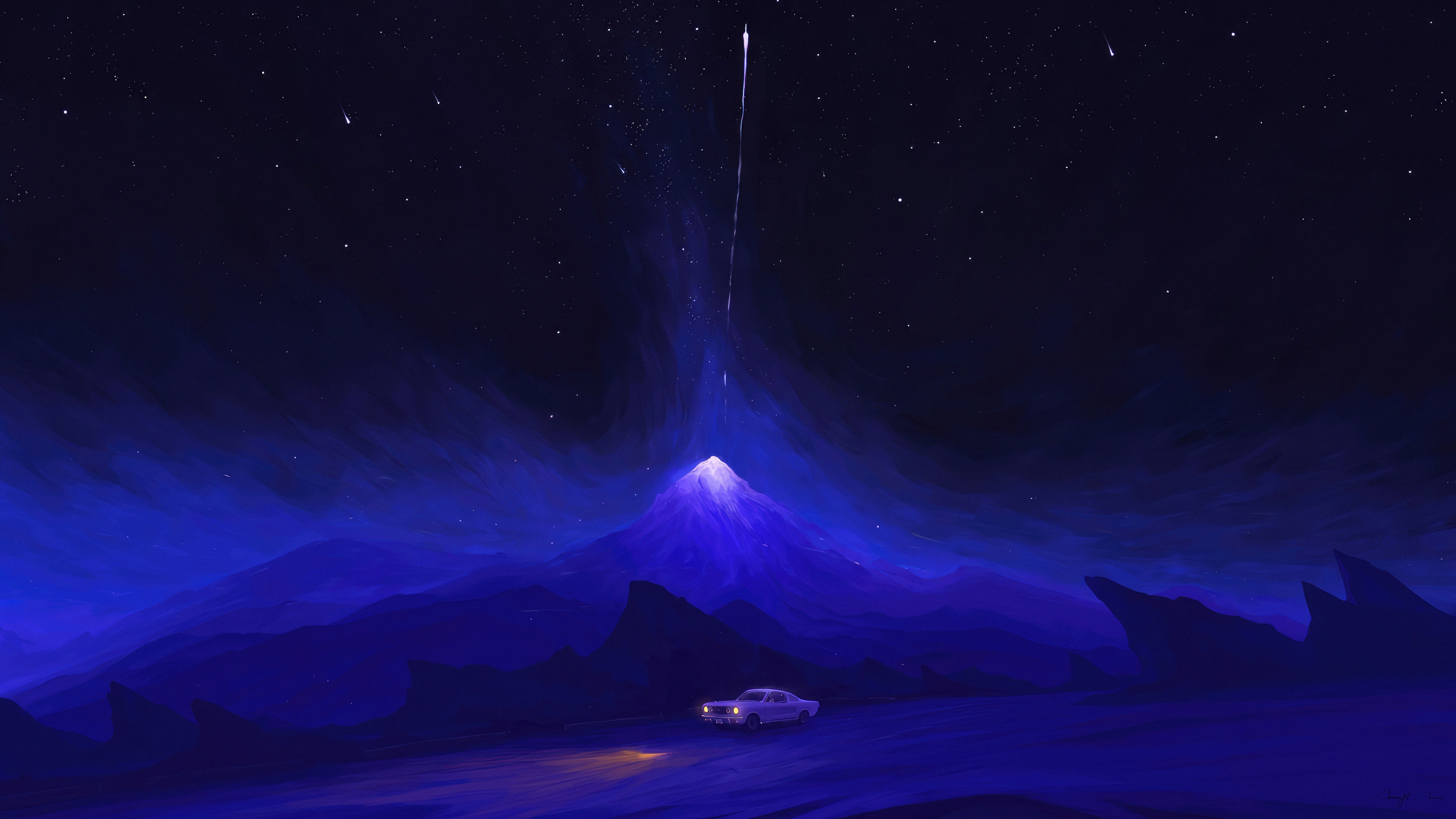 Digital art of a mountain under a starry sky HD Wallpaper