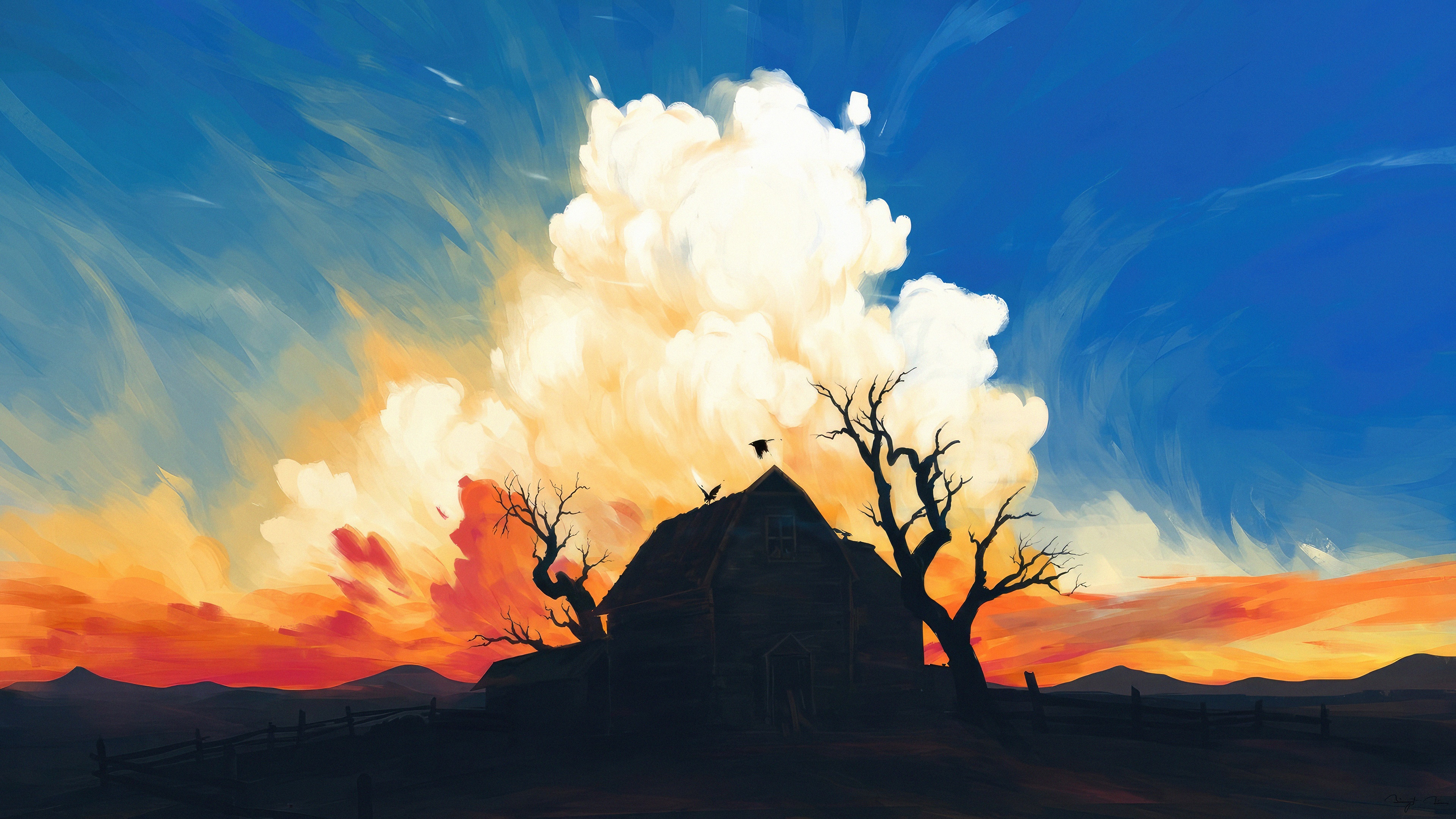 Digital art of a barn at sunset HD Wallpaper