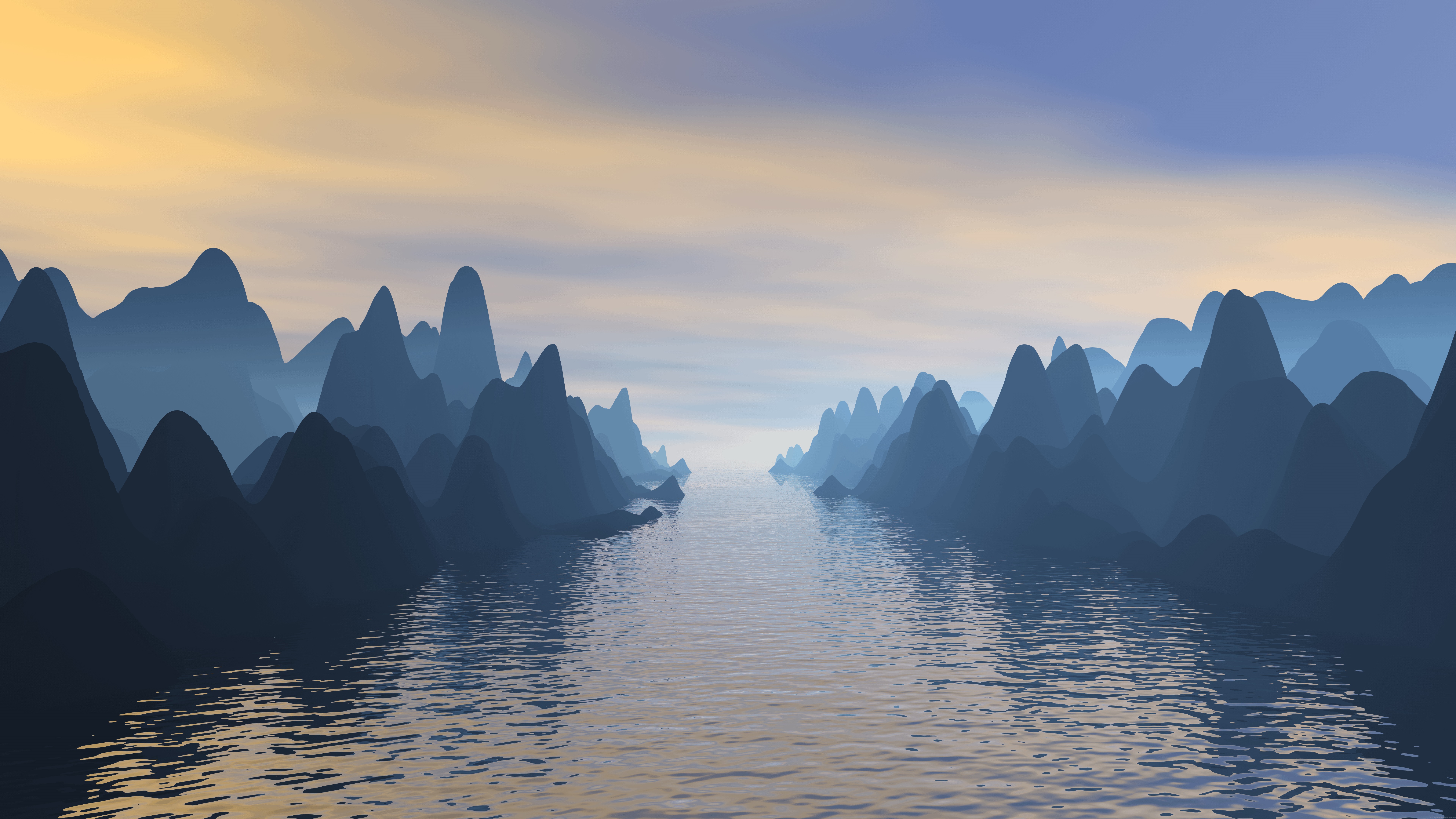 Digital art landscape with mountains and river HD Wallpaper