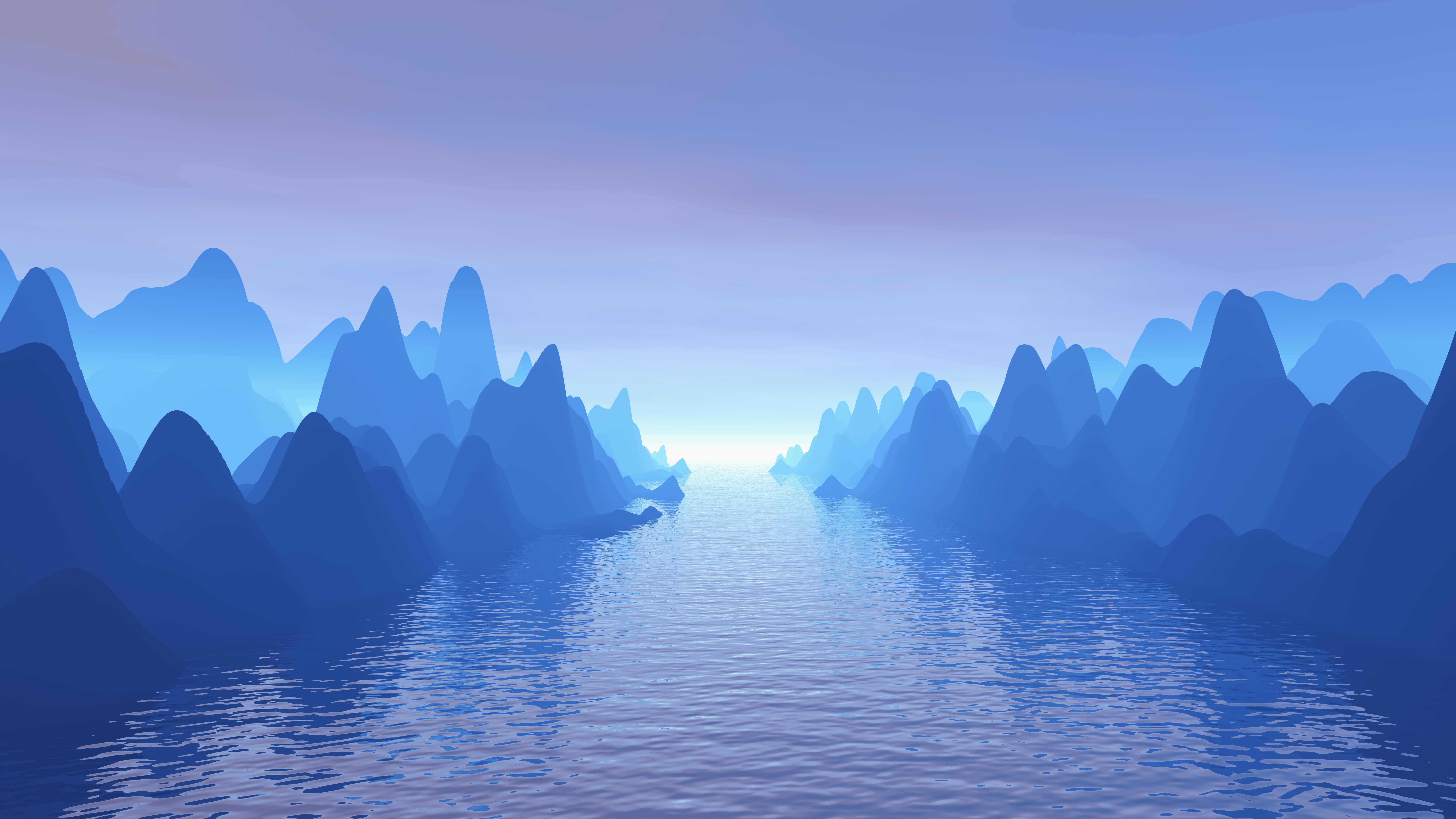 Digital art landscape with blue mountains and water HD Wallpaper