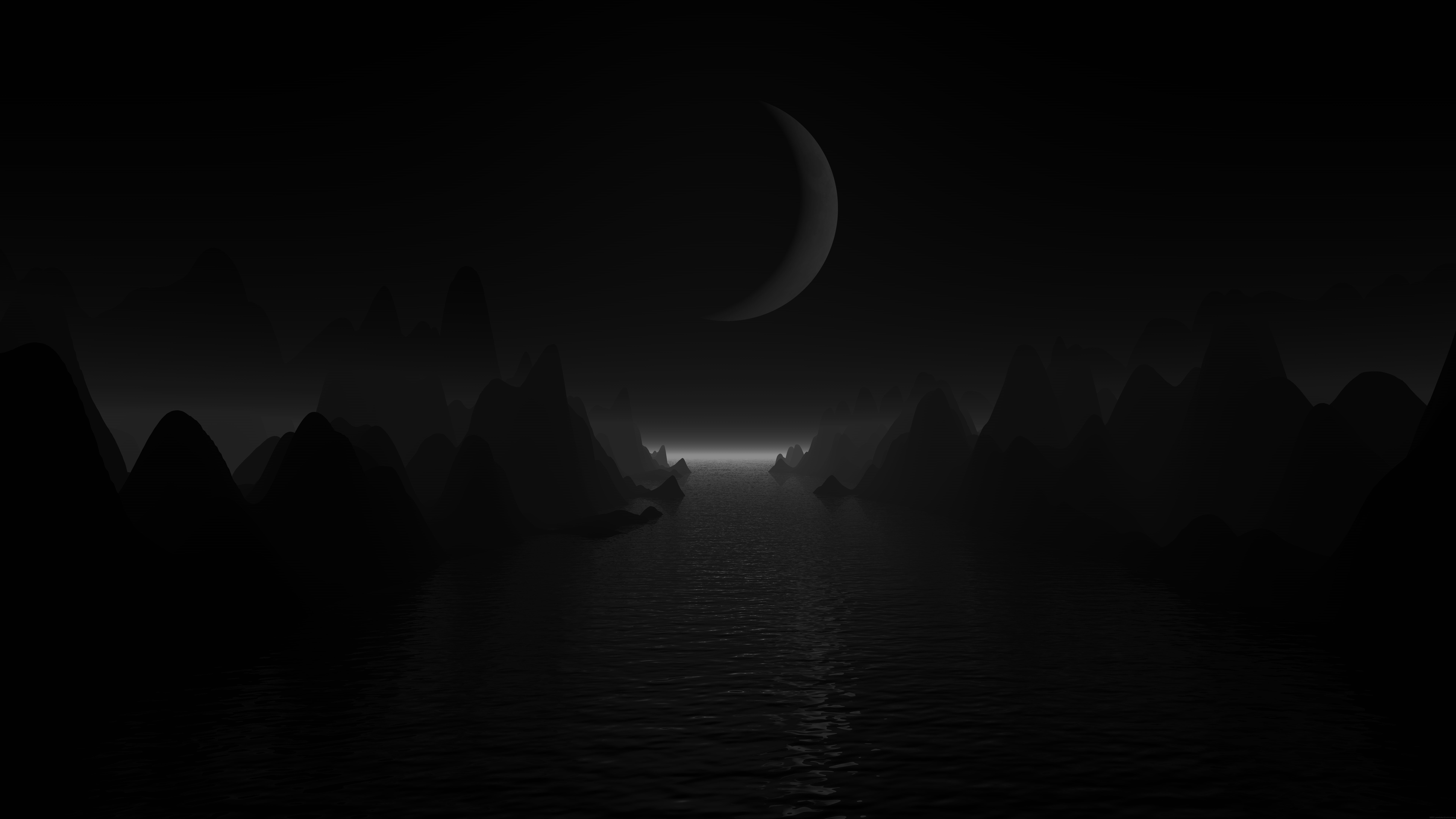 Dark landscape with crescent moon over water HD Wallpaper
