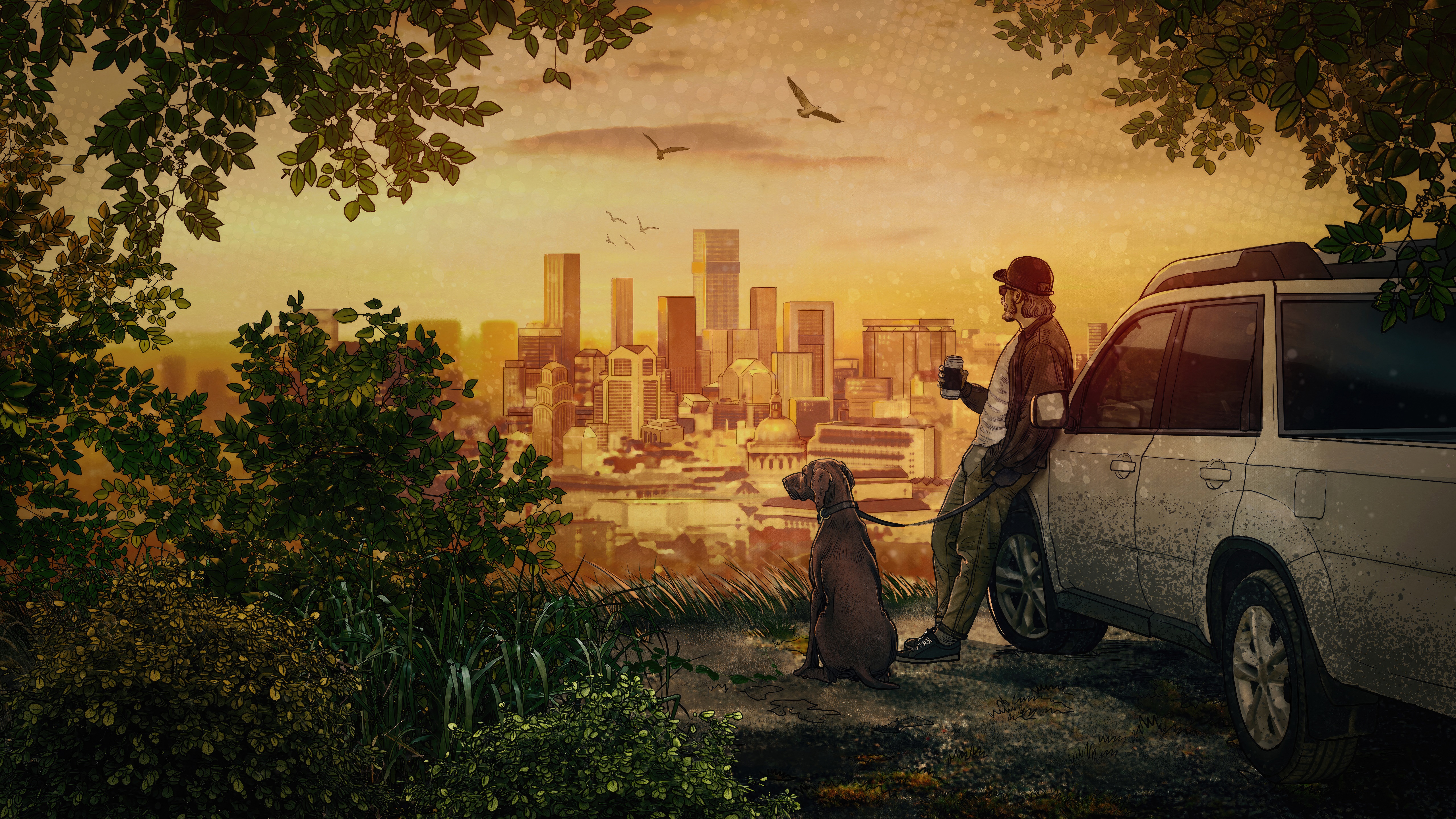 Man and dog with city skyline at sunset HD Wallpaper