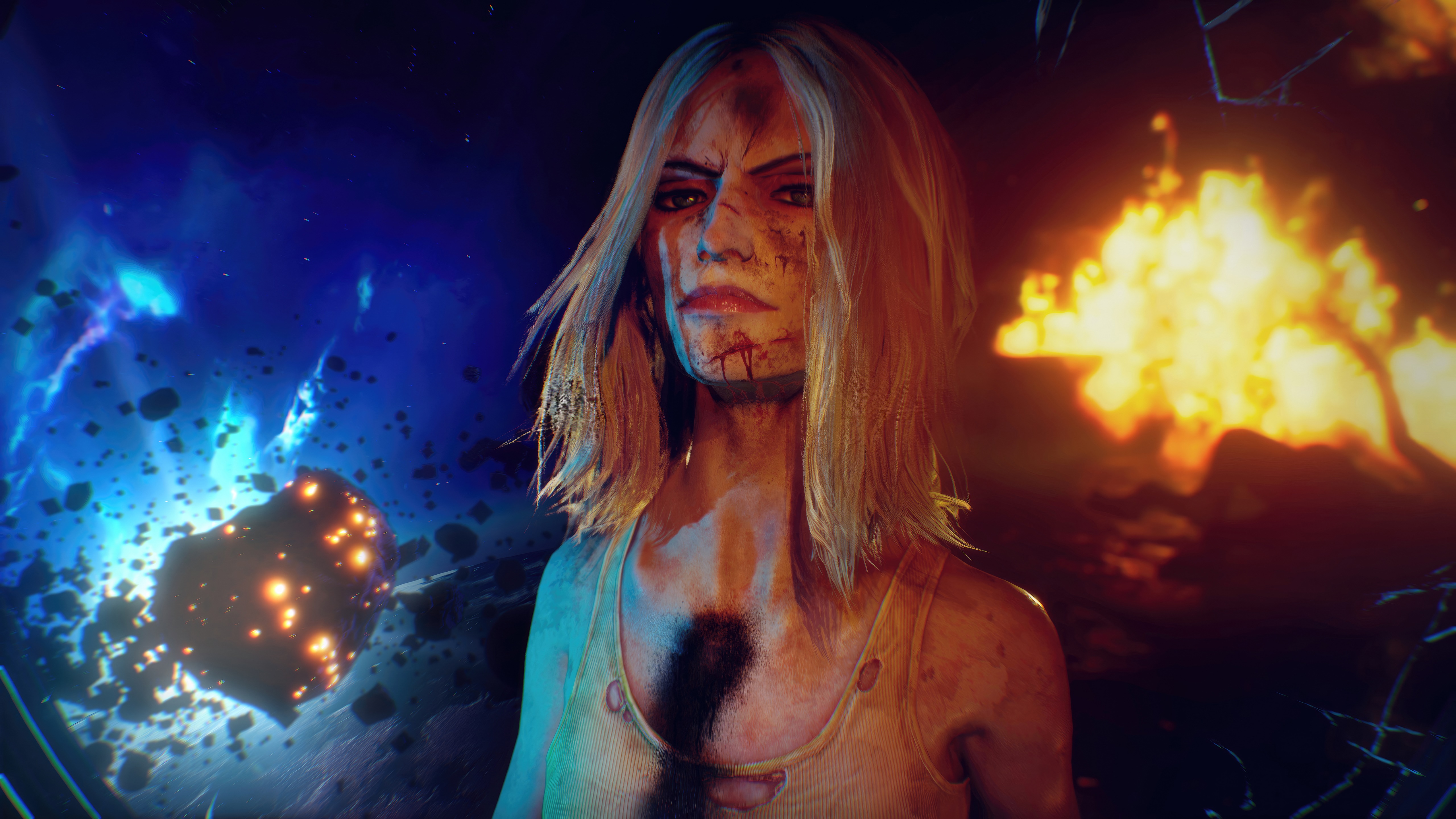 Woman with bloodied face in space with explosions HD Wallpaper