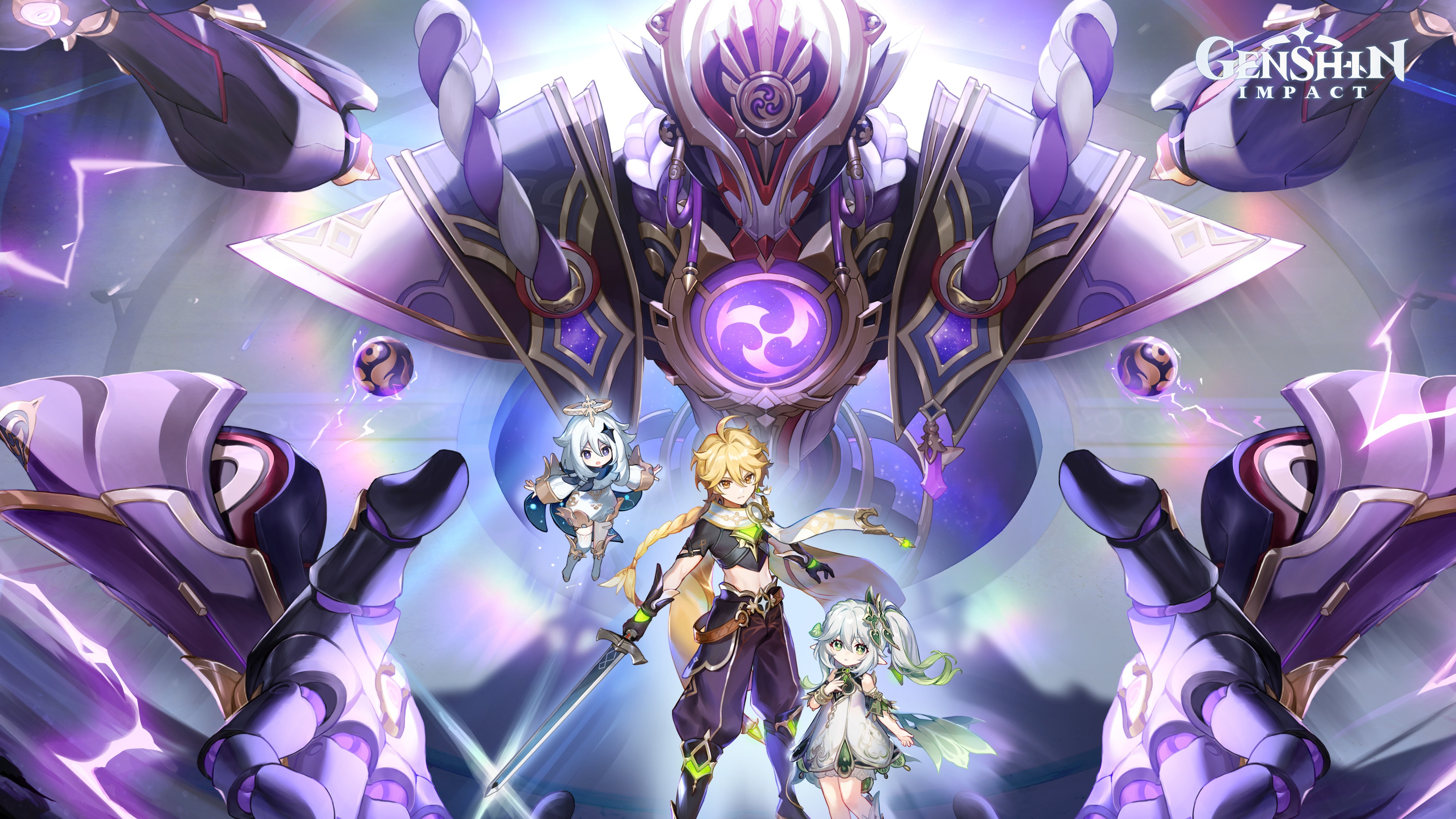 Genshin Impact characters with large robot HD Wallpaper