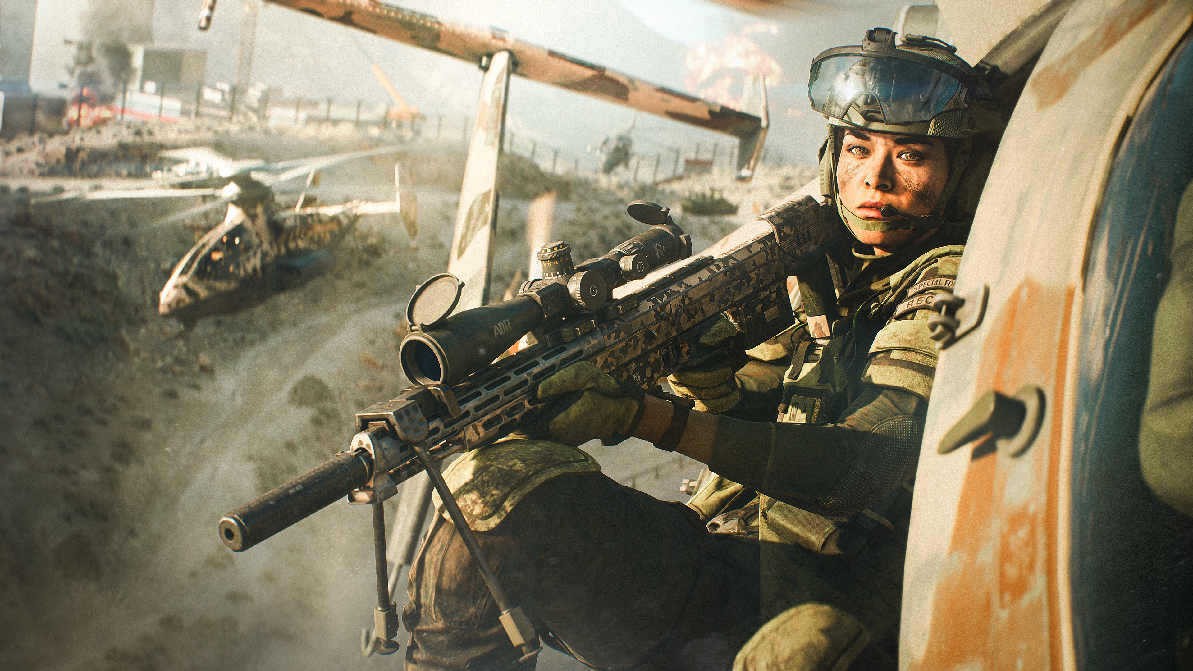 Soldier with sniper rifle in helicopter in Battlefield 2042 HD Wallpaper