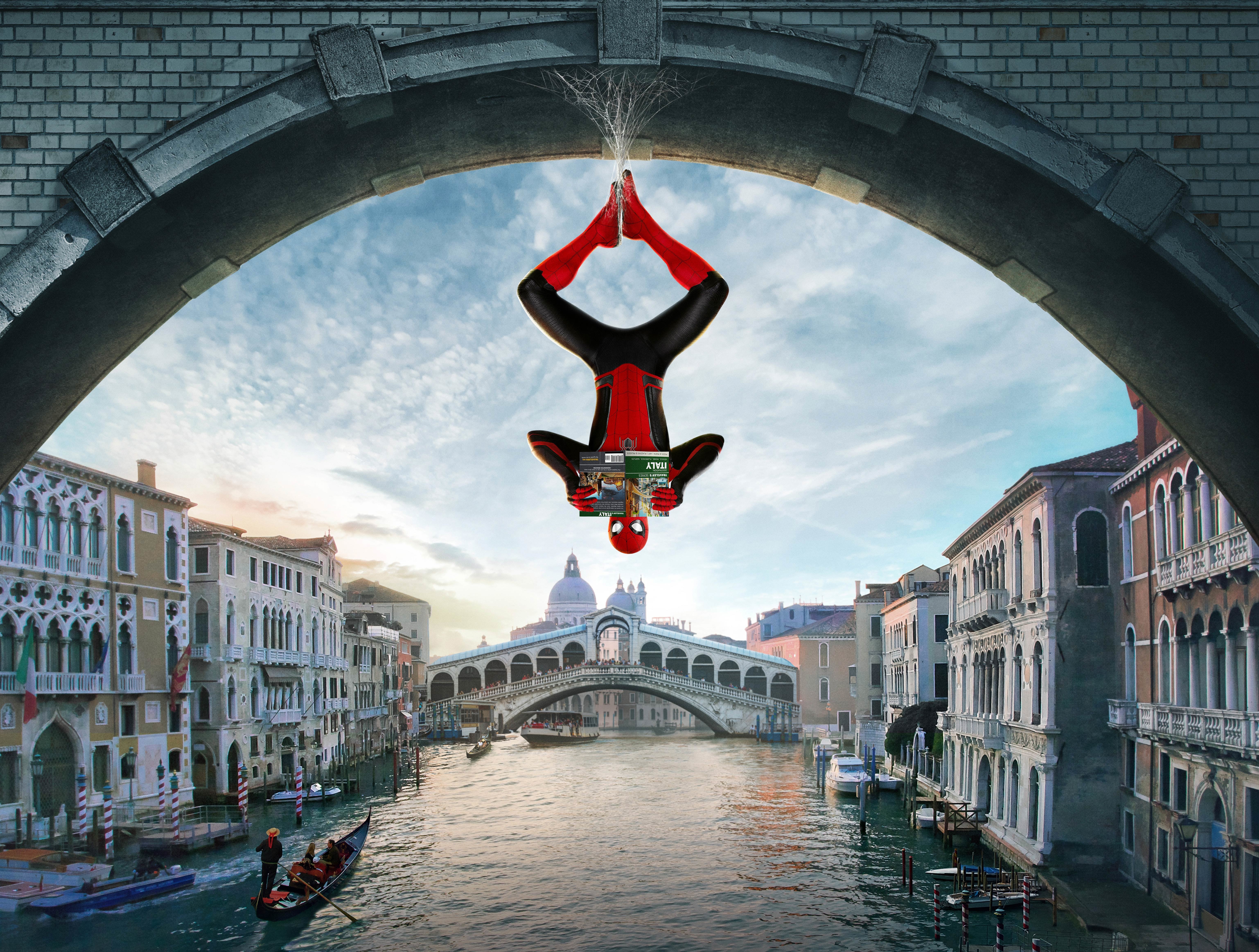 Spider-Man hanging upside down in Venice HD Wallpaper
