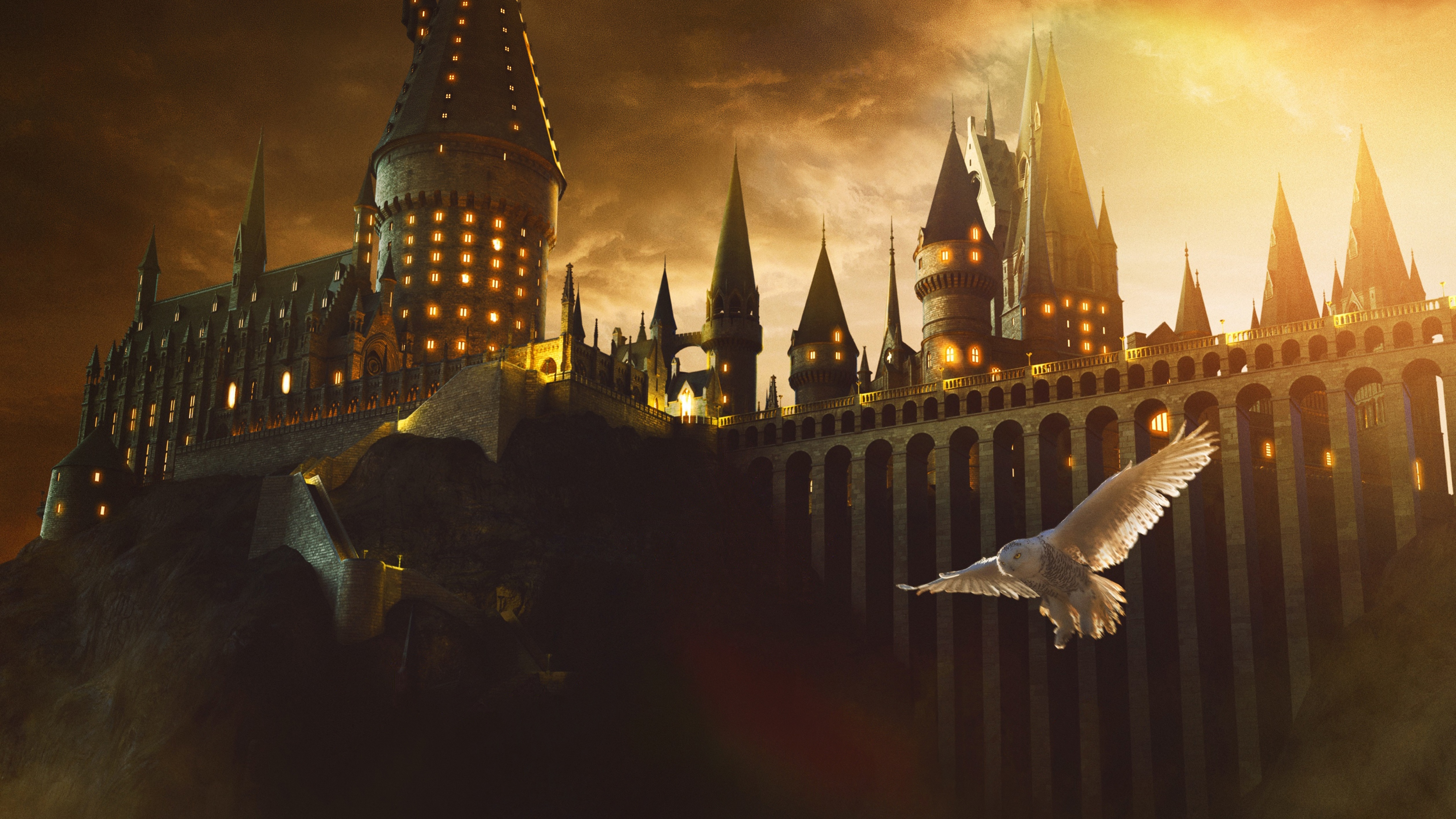 Hogwarts Castle with Snowy Owl HD Wallpaper