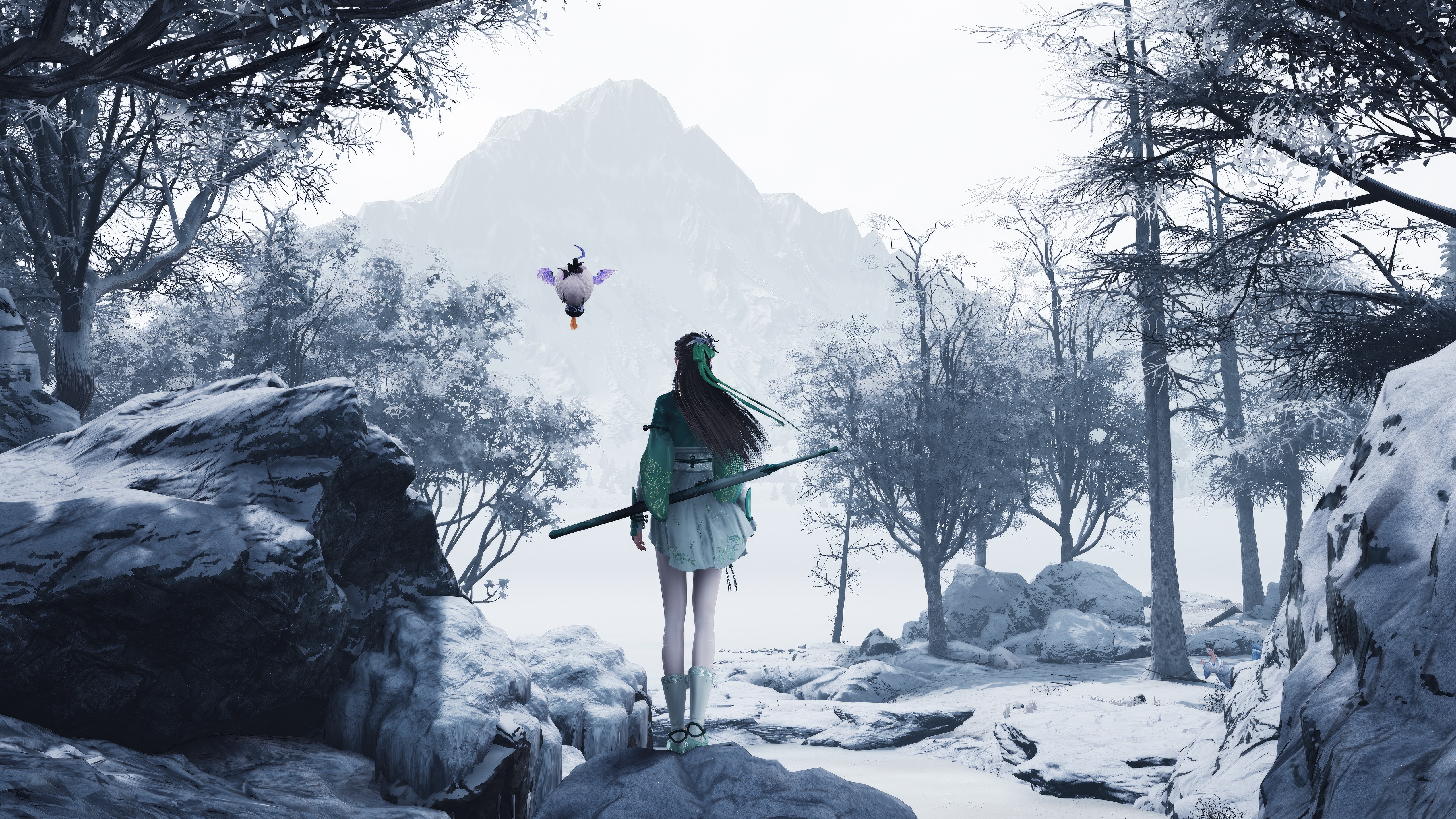 Girl with sword and fairy in snowy forest HD Wallpaper