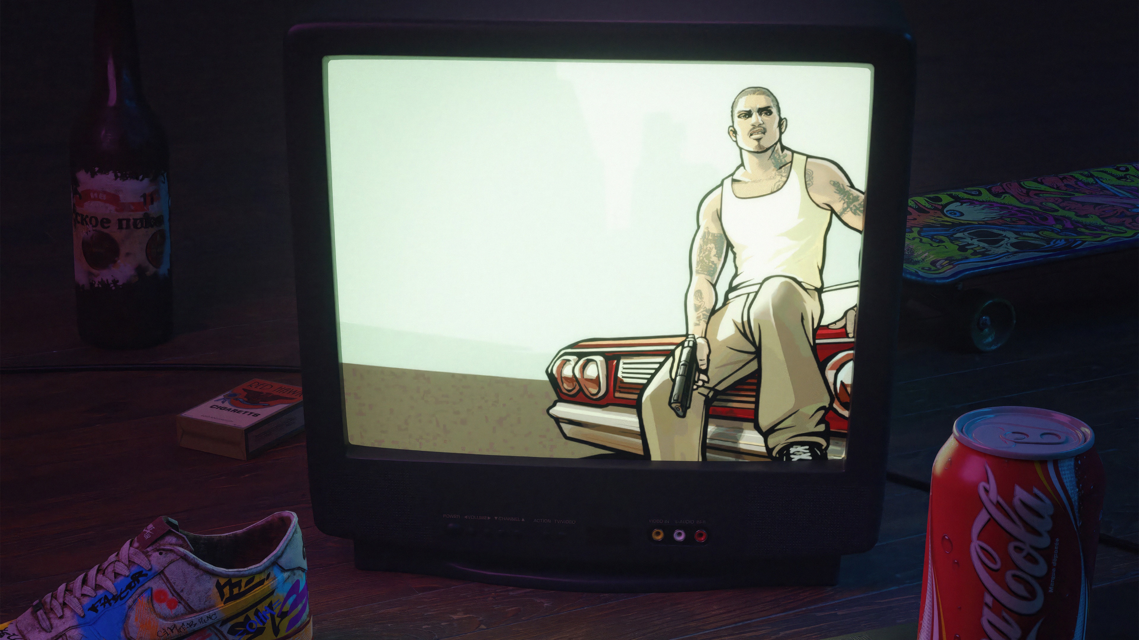 CJ from Grand Theft Auto: San Andreas on a retro TV HD Wallpaper