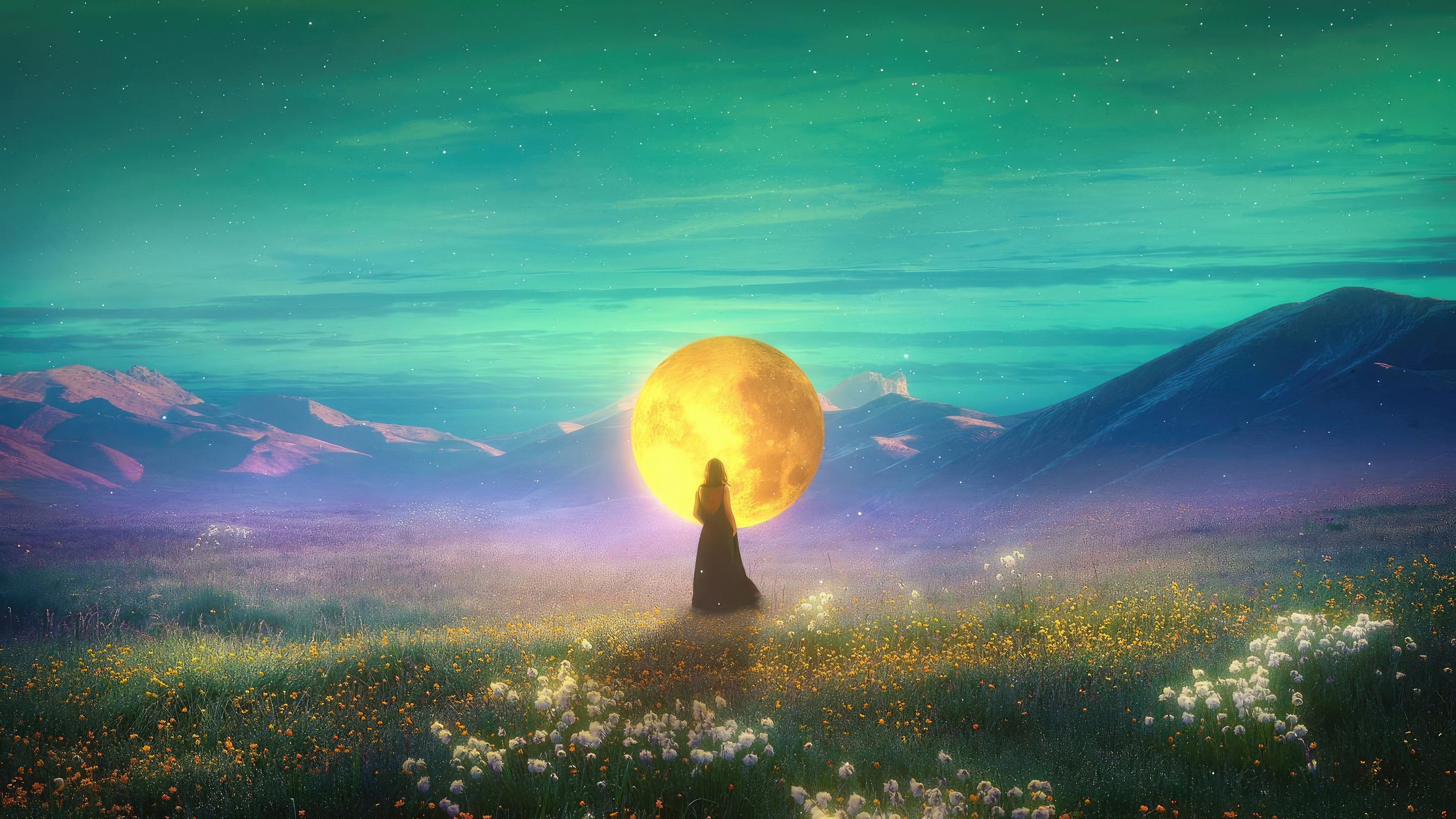 A lone figure stands before a large moon in a field of flowers HD Wallpaper