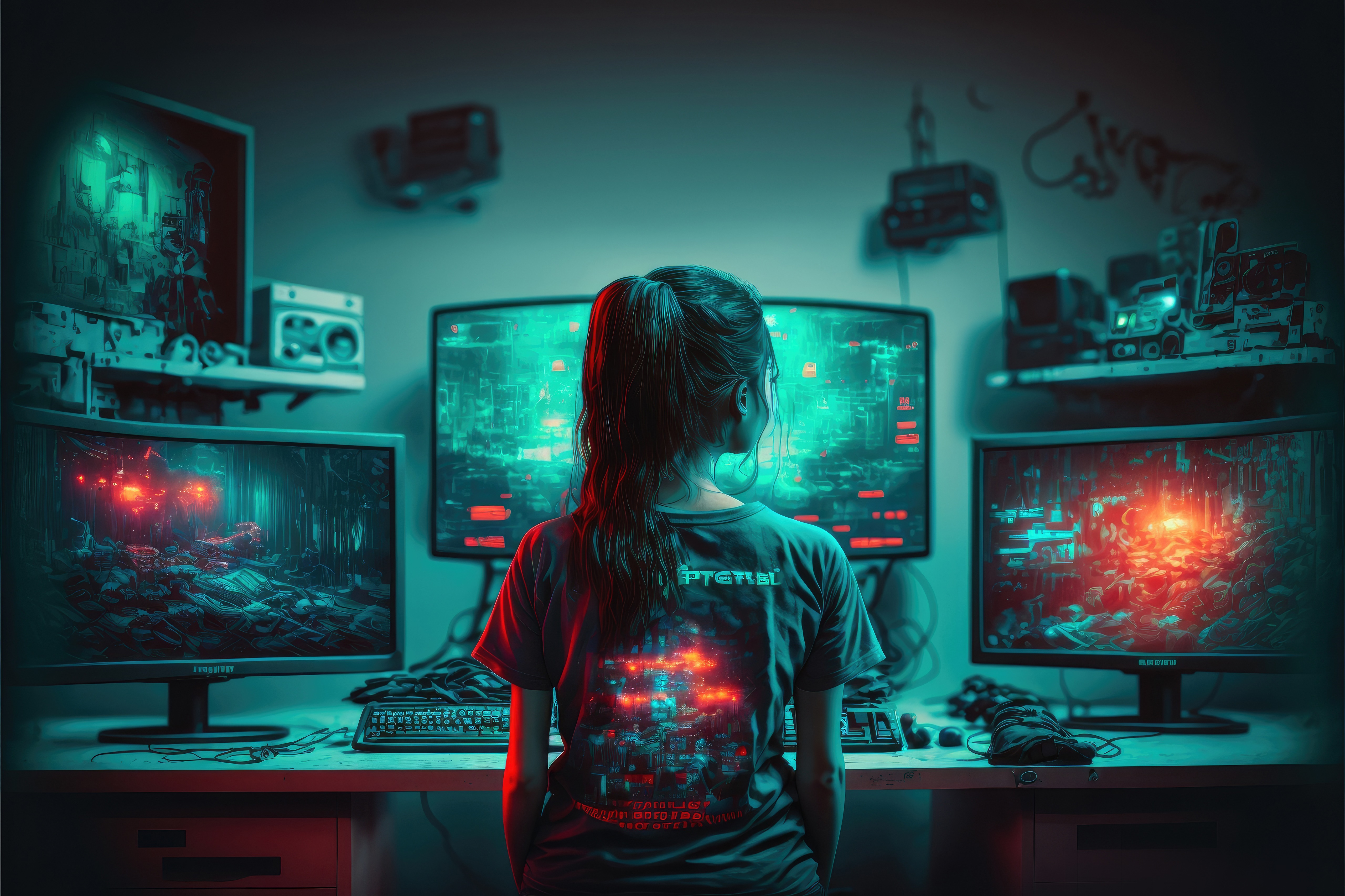 Girl in front of multiple computer monitors displaying digital art HD Wallpaper