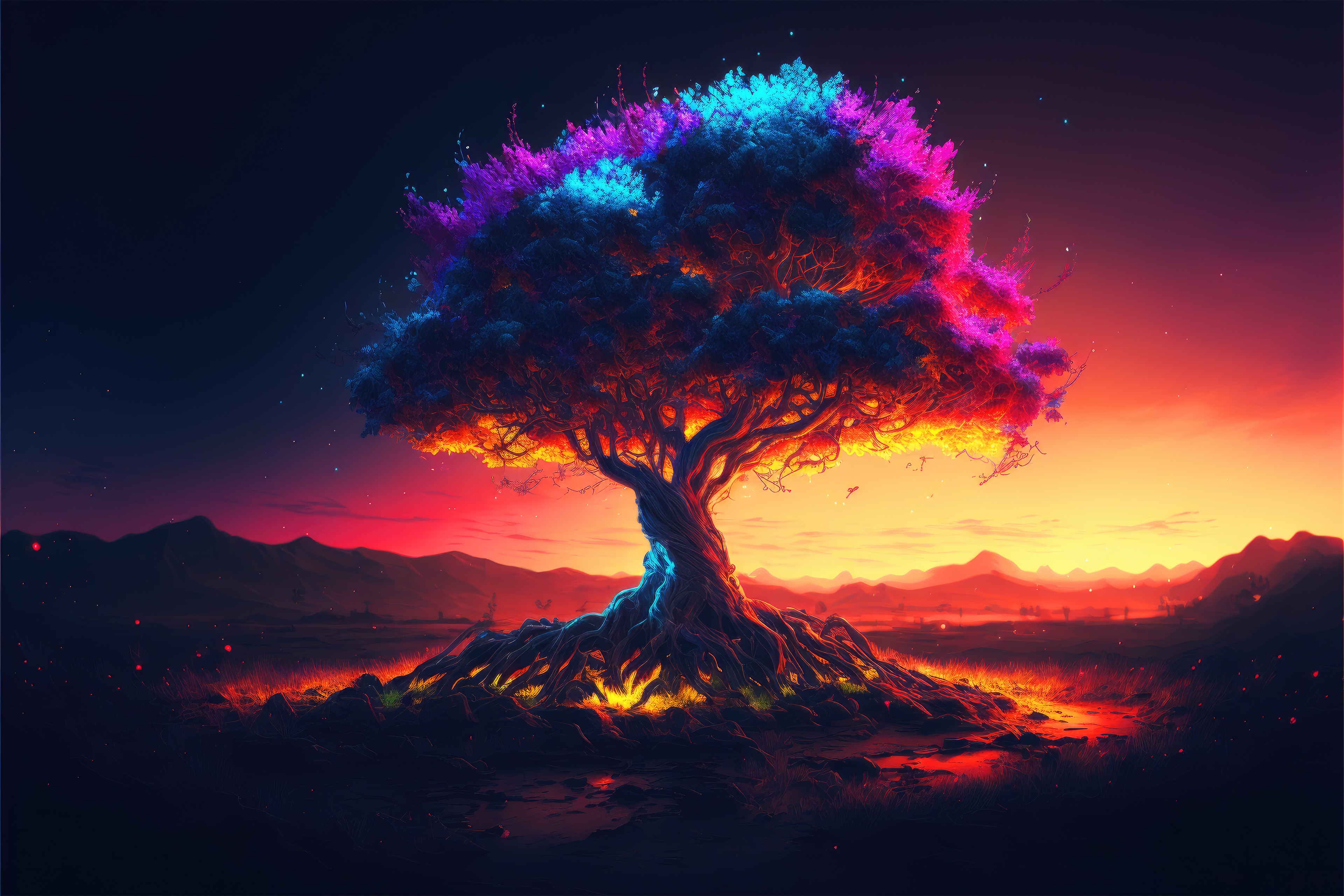 Digital art of a glowing tree at sunset HD Wallpaper