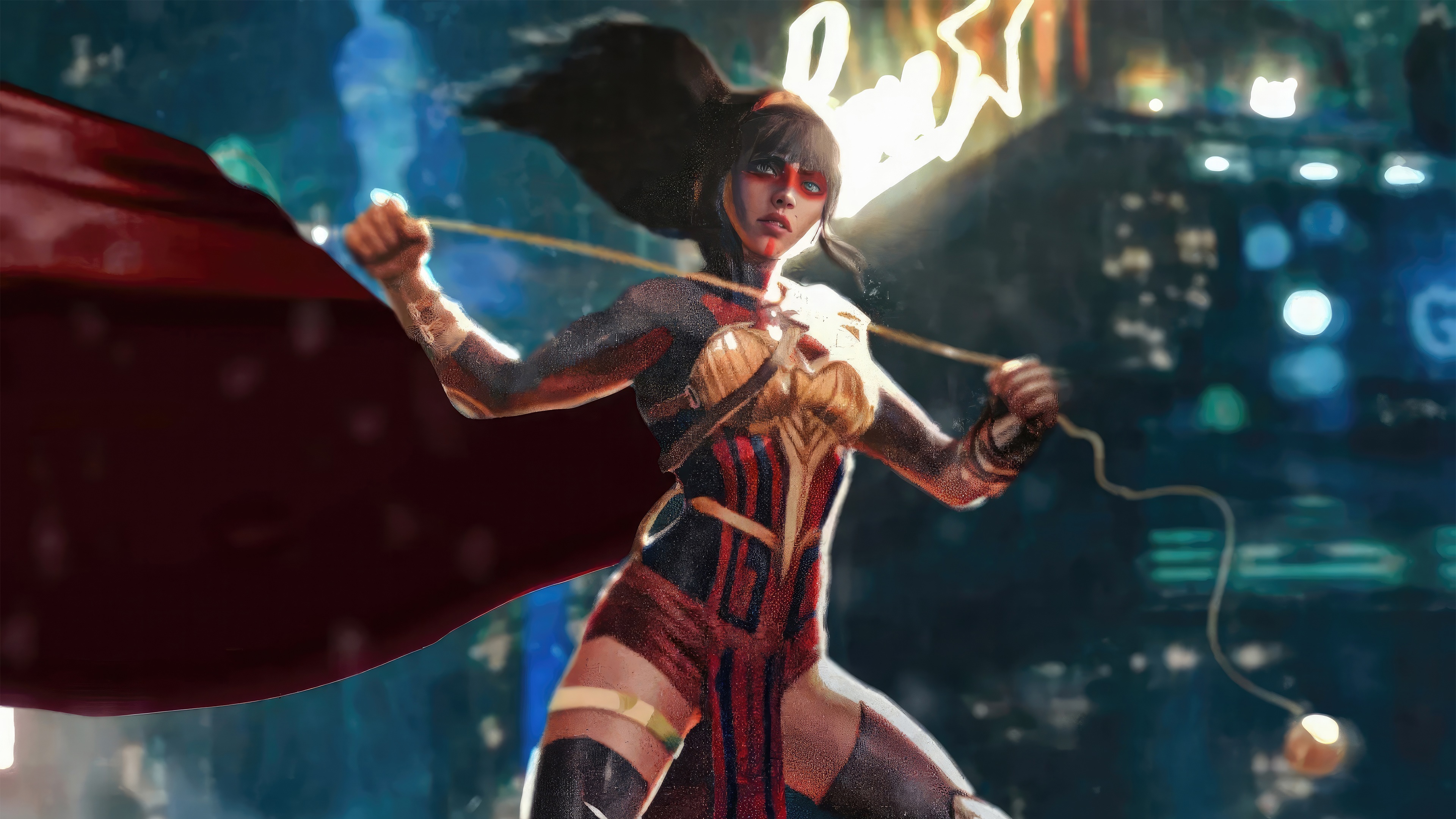 Artwork of a female superhero with a cape and lasso HD Wallpaper