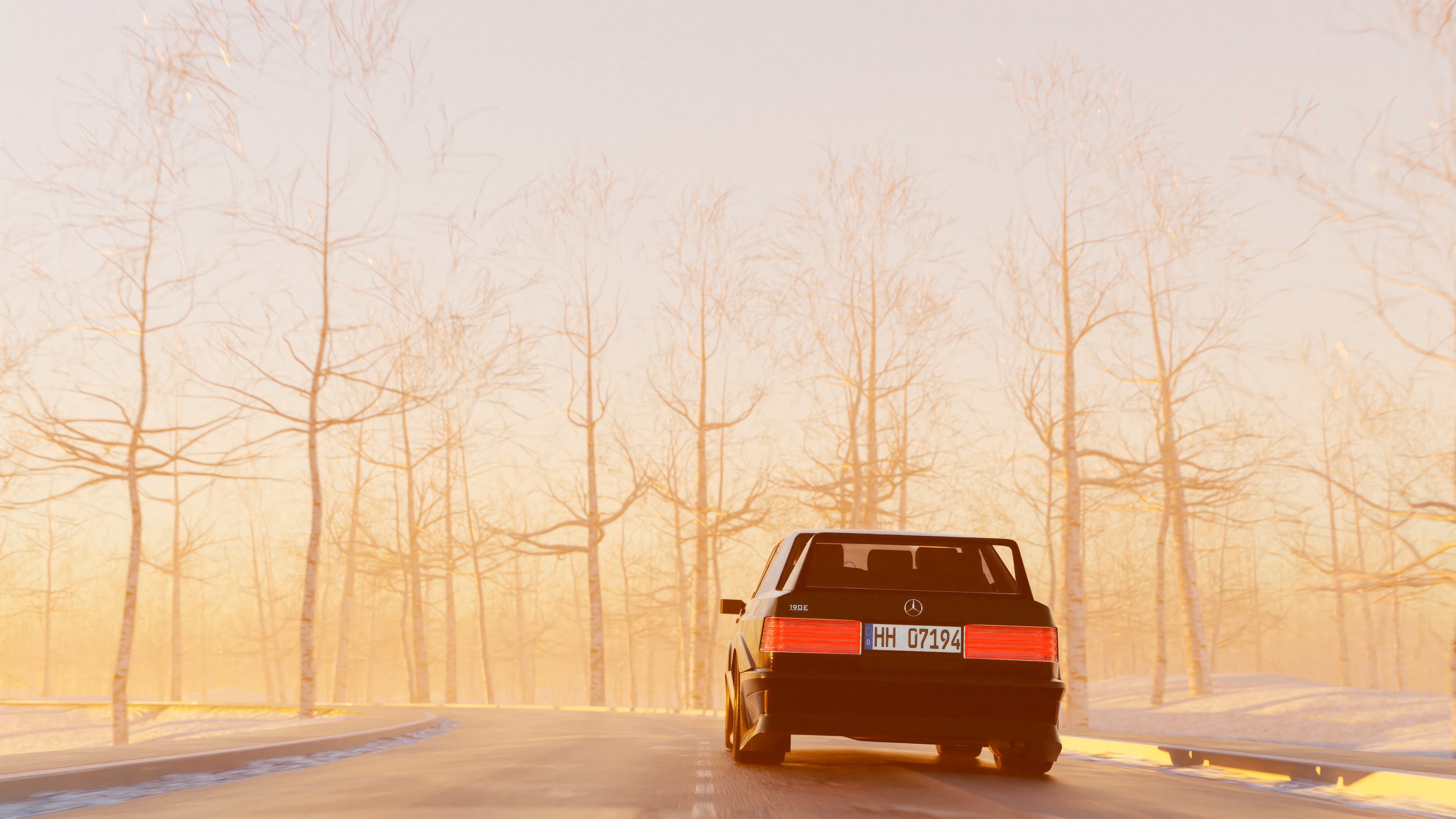 Car driving on a snowy road with bare trees HD Wallpaper