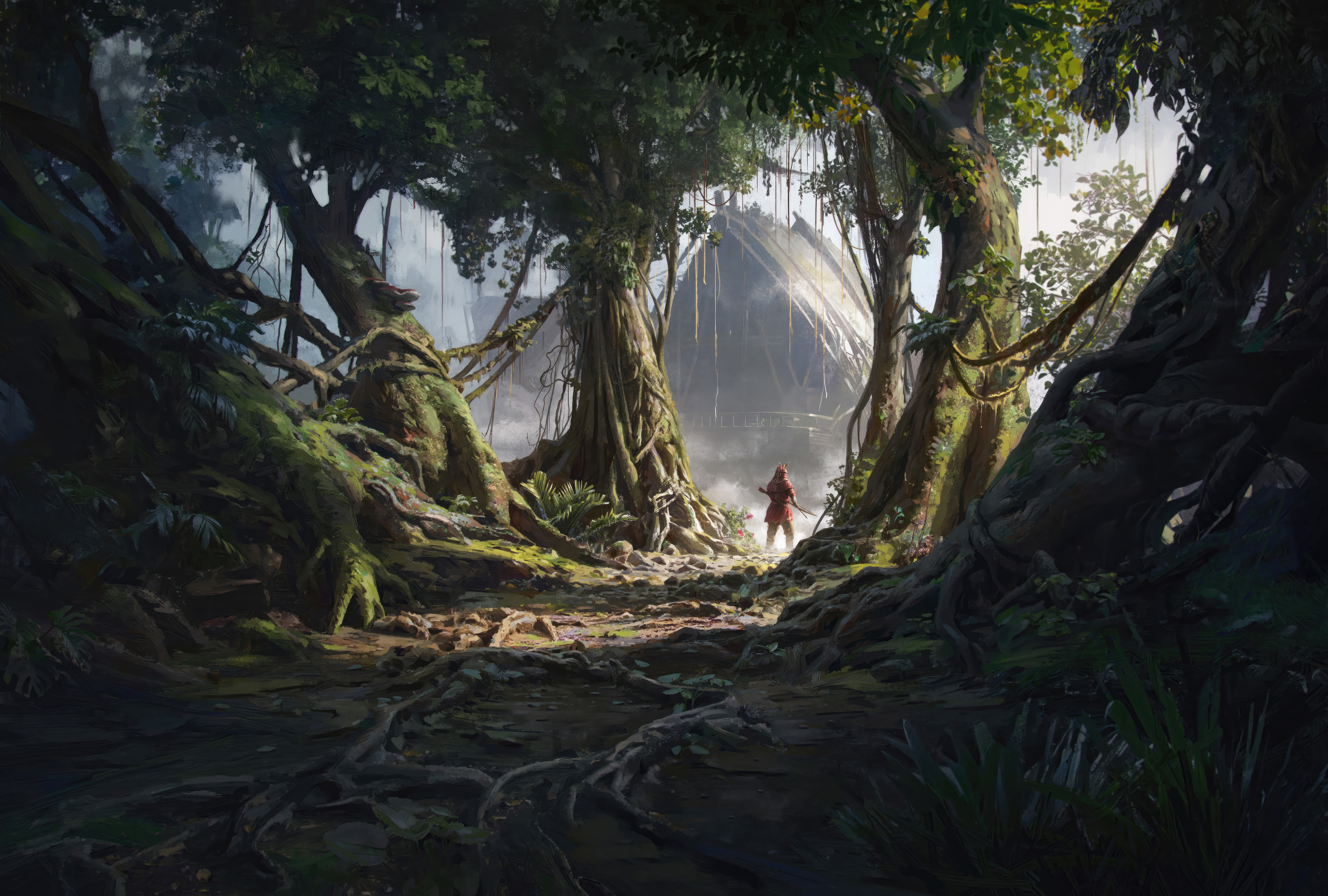 Person in red walking through a jungle towards a large structure HD Wallpaper
