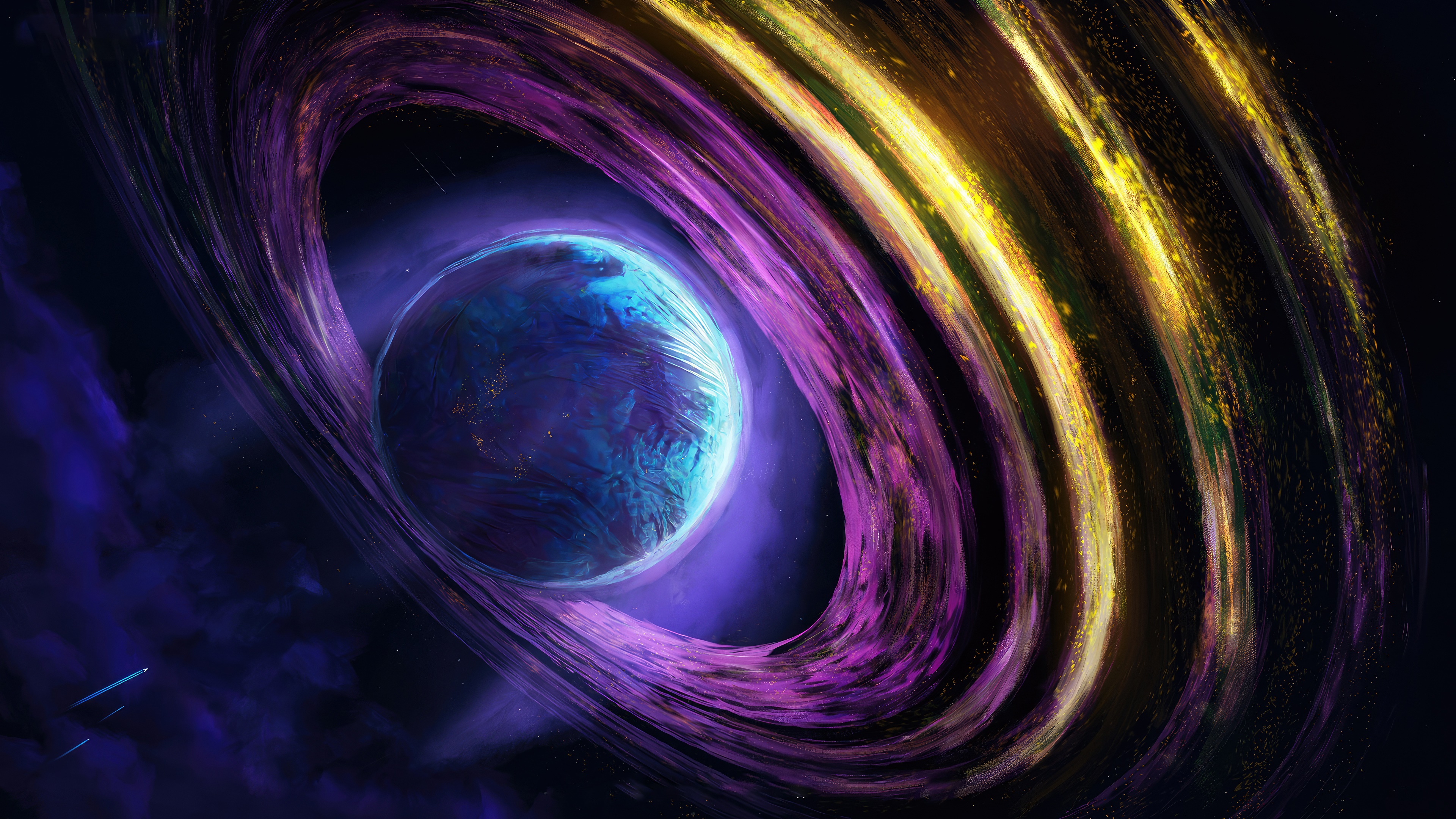 Digital art of a planet with purple and gold rings HD Wallpaper